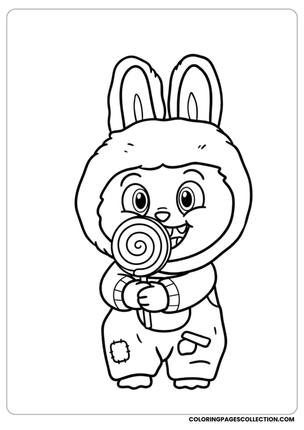 labubu holding a giant lollipop happily coloring page
