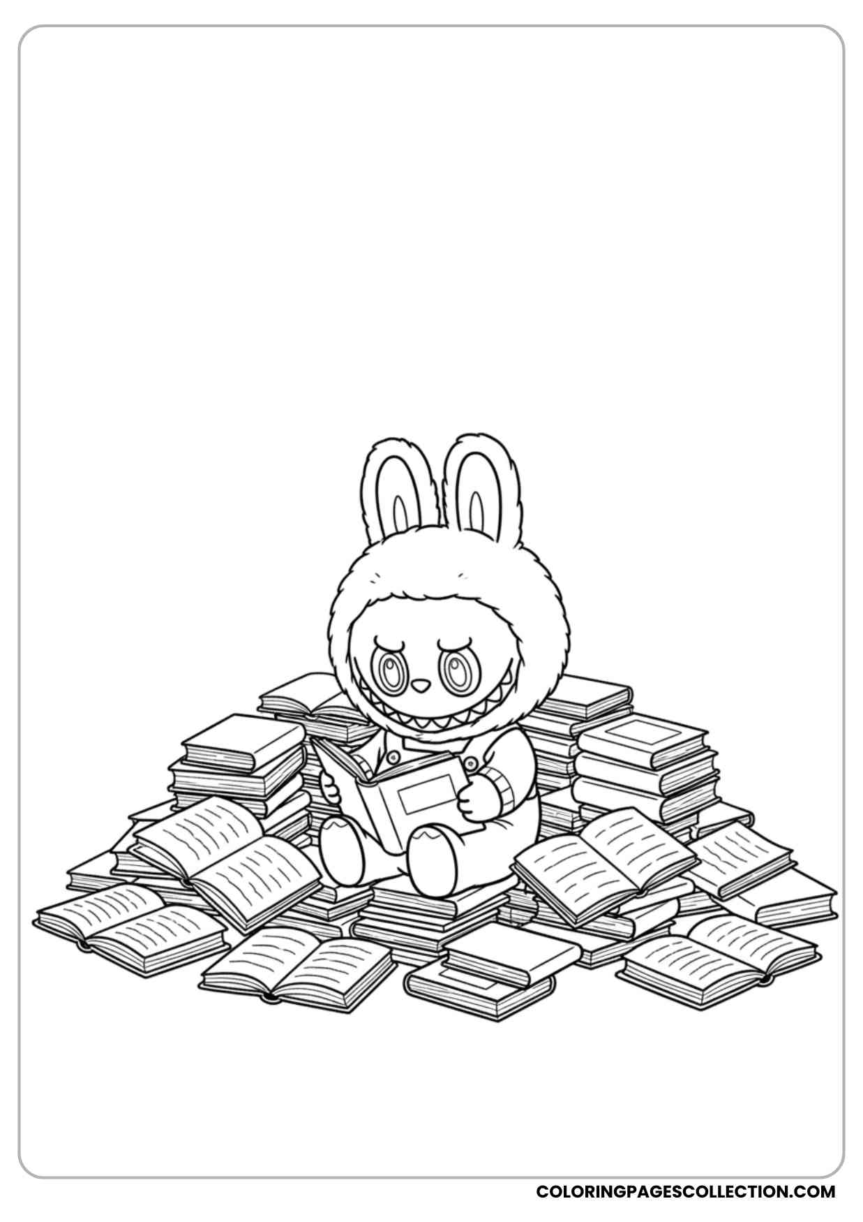 labubu sitting with a pile of books reading coloring page