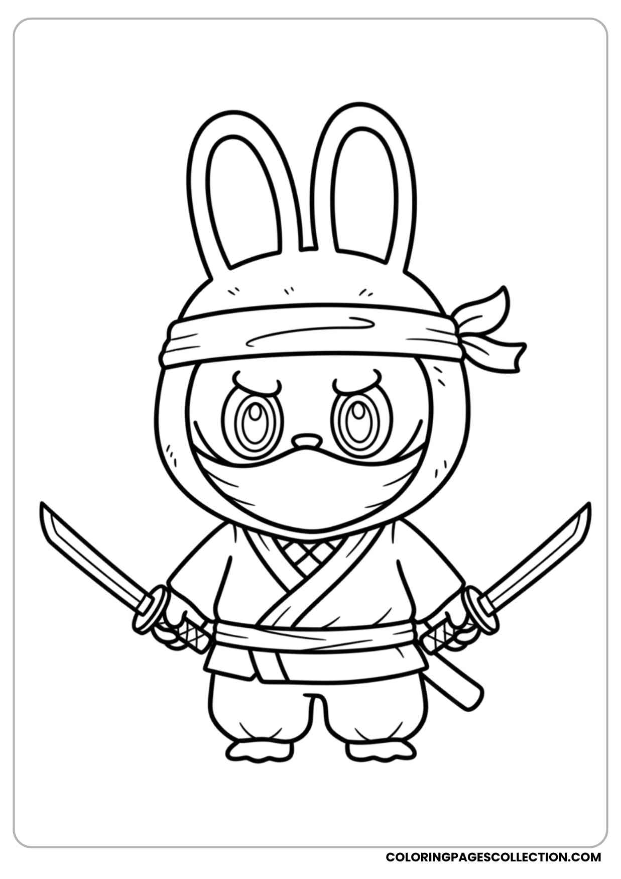 labubu dressed as a ninja holding two tiny swords coloring page
