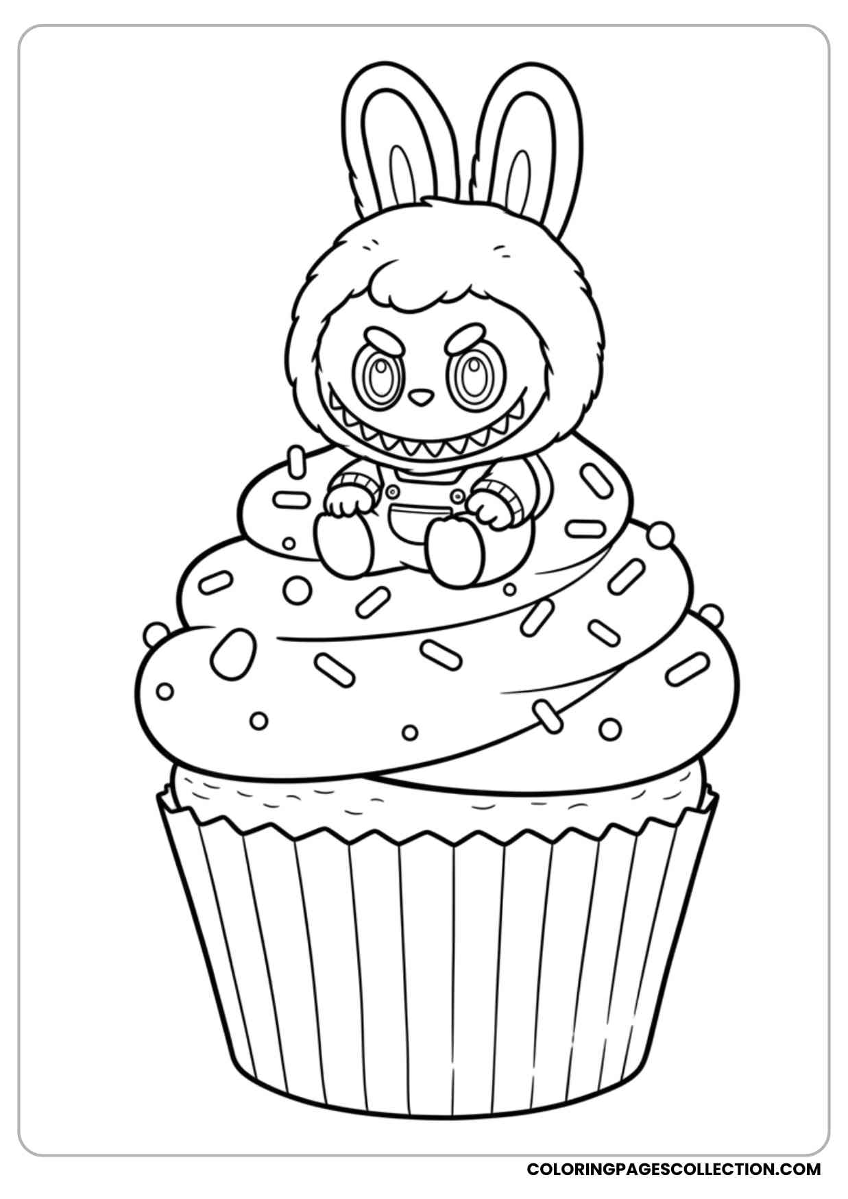 labubu sitting inside a giant cupcake with sprinkles coloring page