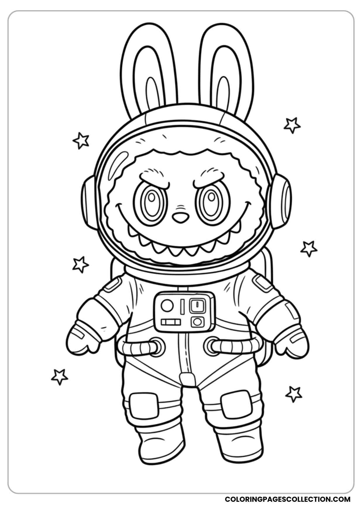 labubu dressed as a space astronaut floating with stars coloring page