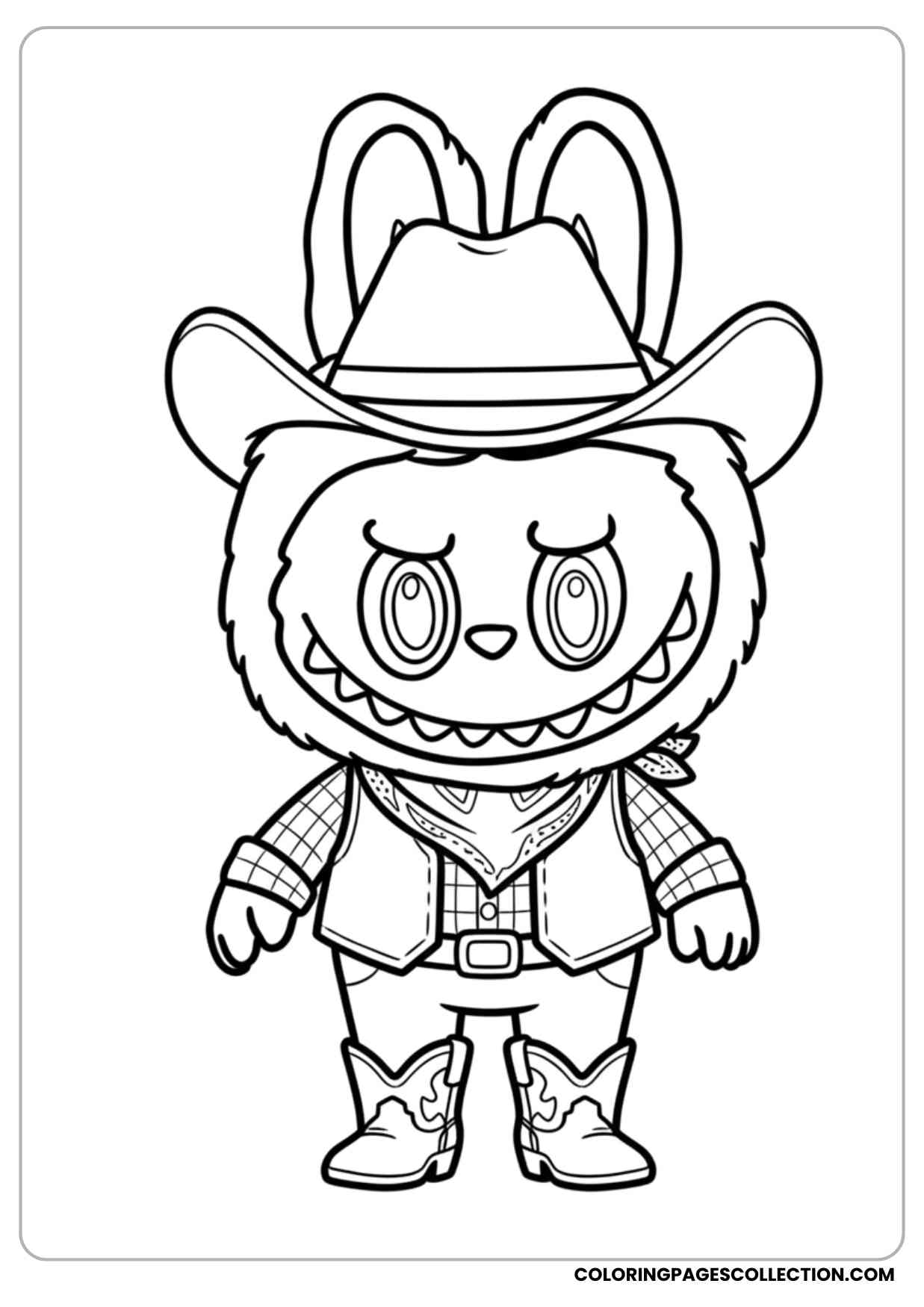 labubu dressed as a cowboy with a hat and boots printable coloring page