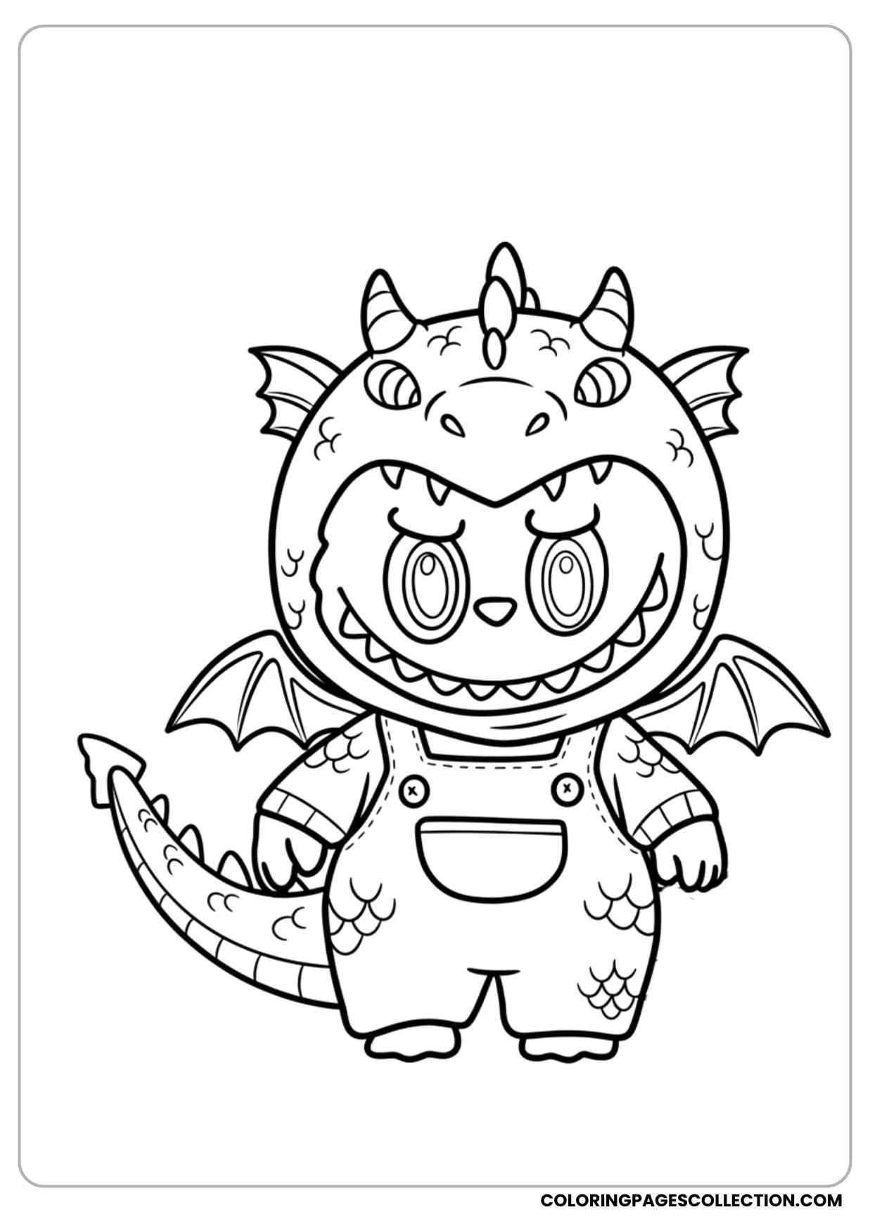 labubu dressed as a dragon with wings and tail coloring page
