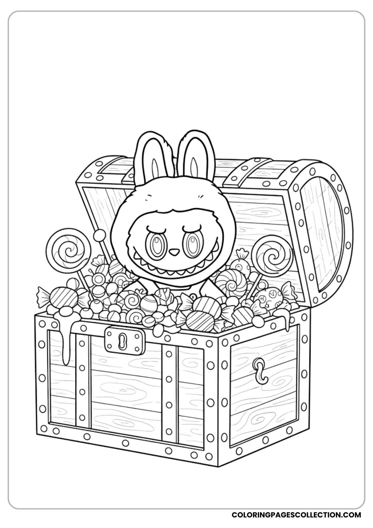 labubu peeking out of a treasure chest full of candies coloring sheet