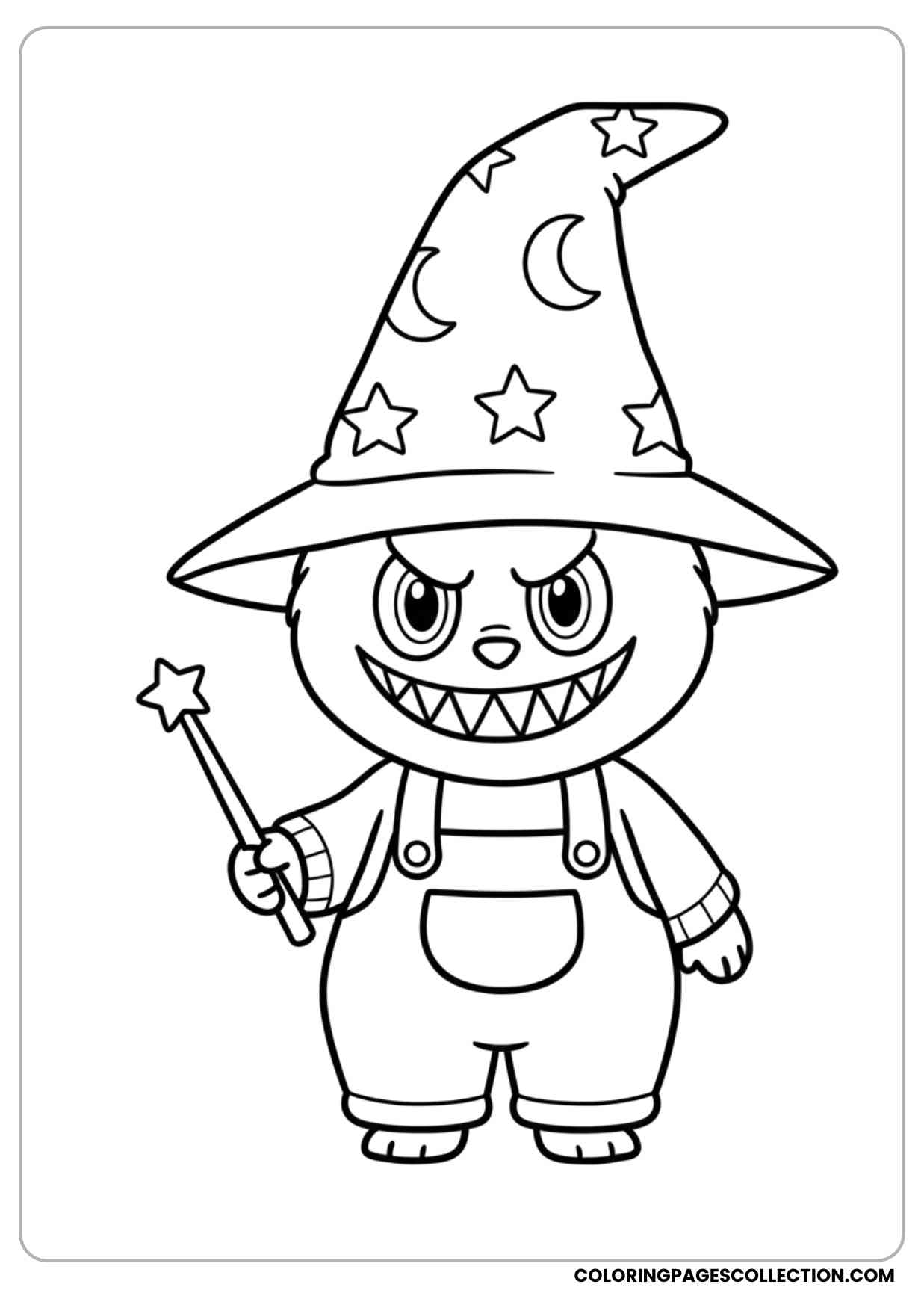labubu dressed as a wizard with a pointed hat and wand coloring sheet