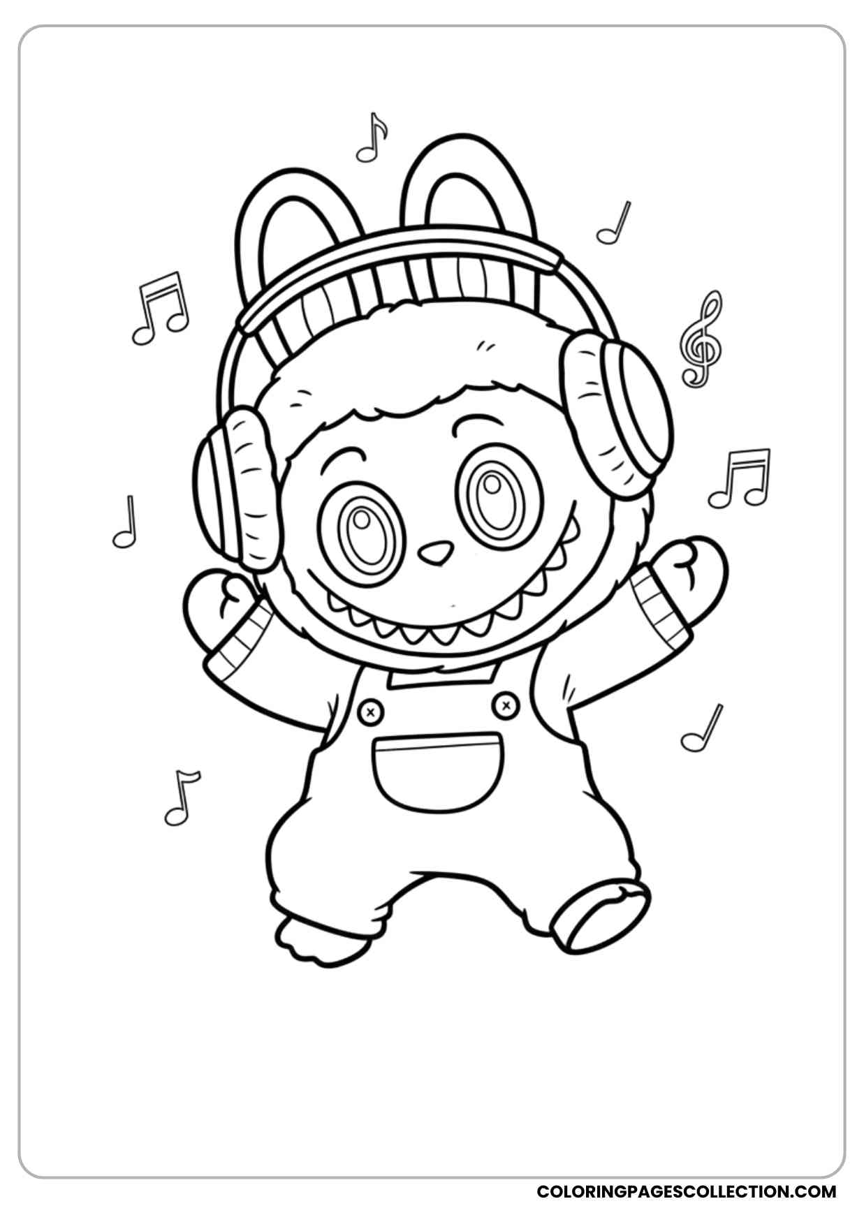 labubu dancing happily with headphones and music notes aroundcoloring page