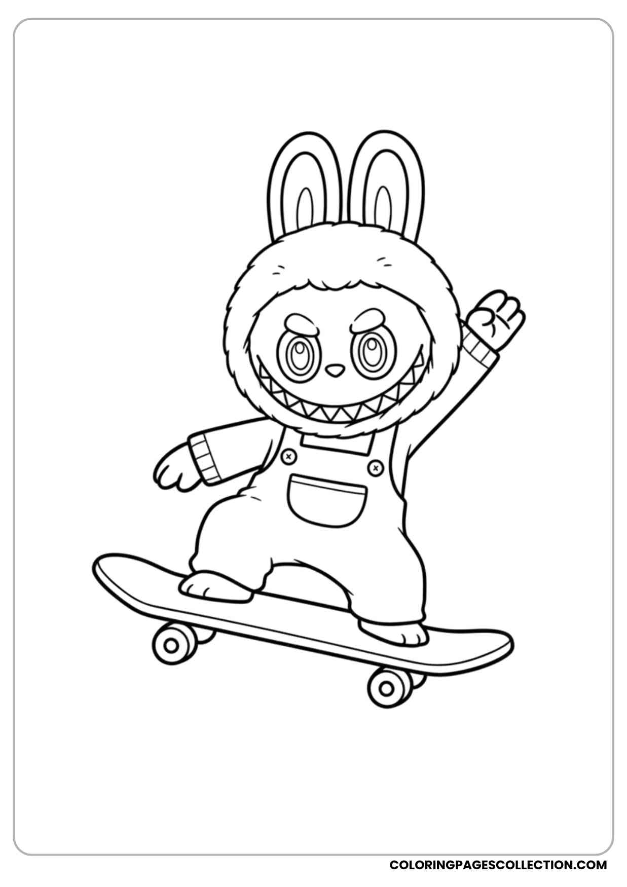 labubu riding a skateboard with one hand up coloring page