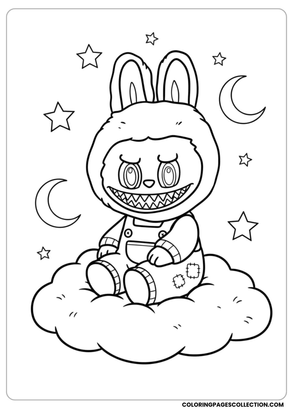 labubu sitting on a cloud with stars and moon around coloring page