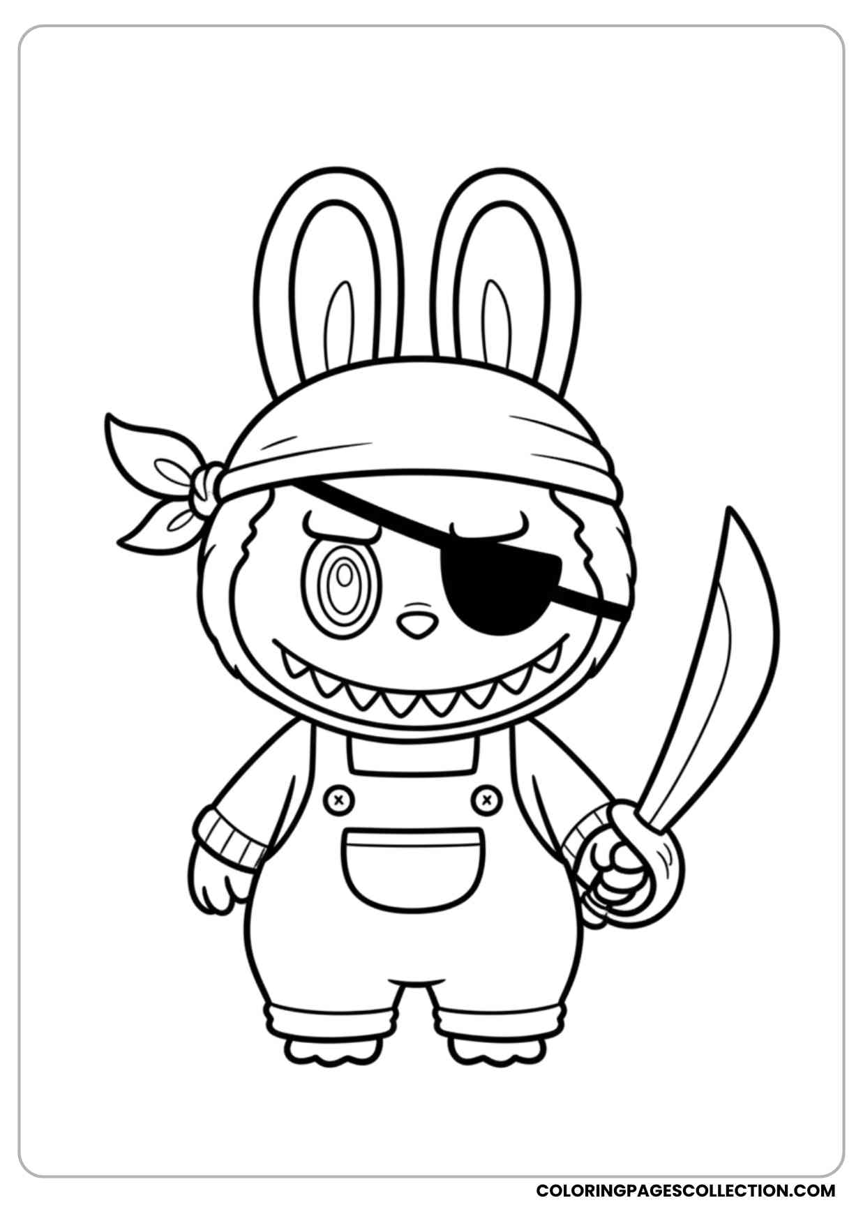labubu dressed as a pirate with an eye patch and sword printable coloring page
