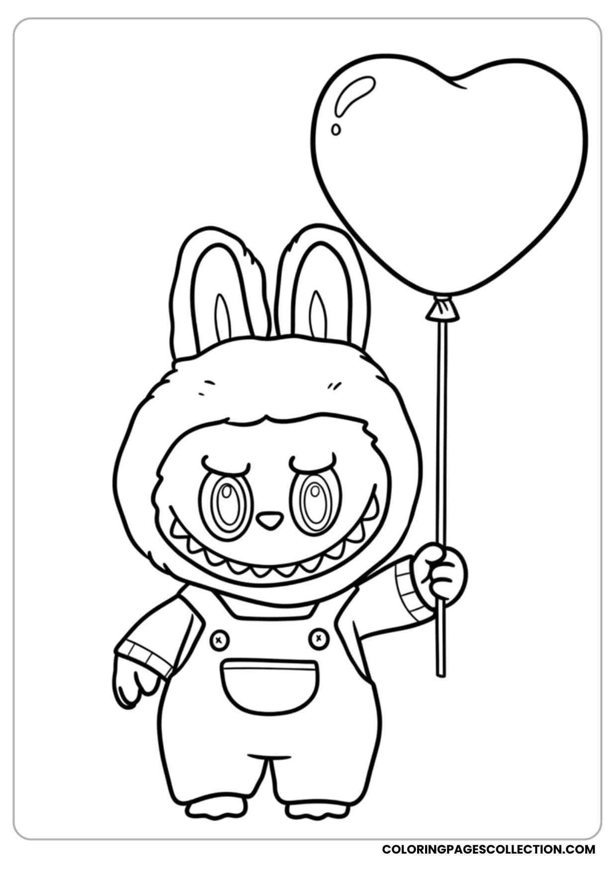 labubu holding a balloon shaped like a heart coloring page
