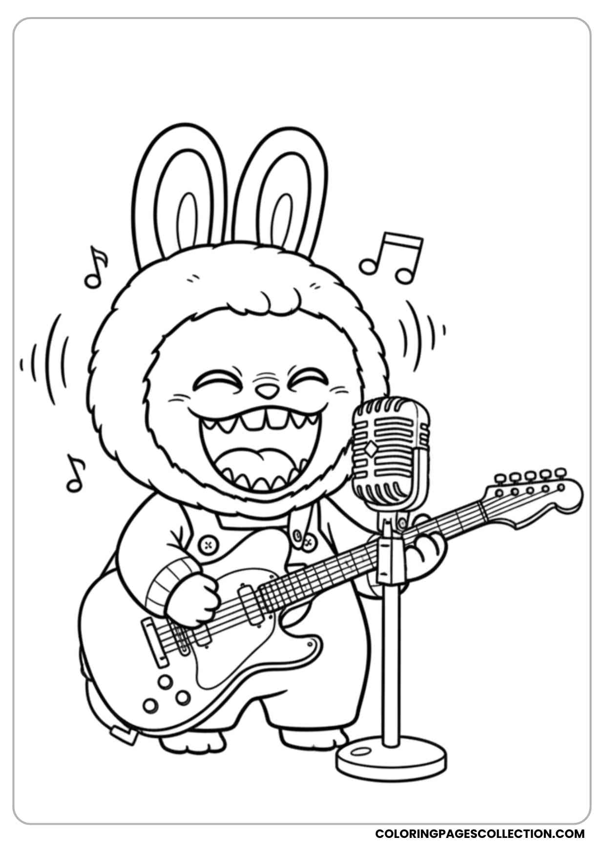 labubu playing guitar and singing loudly coloring page