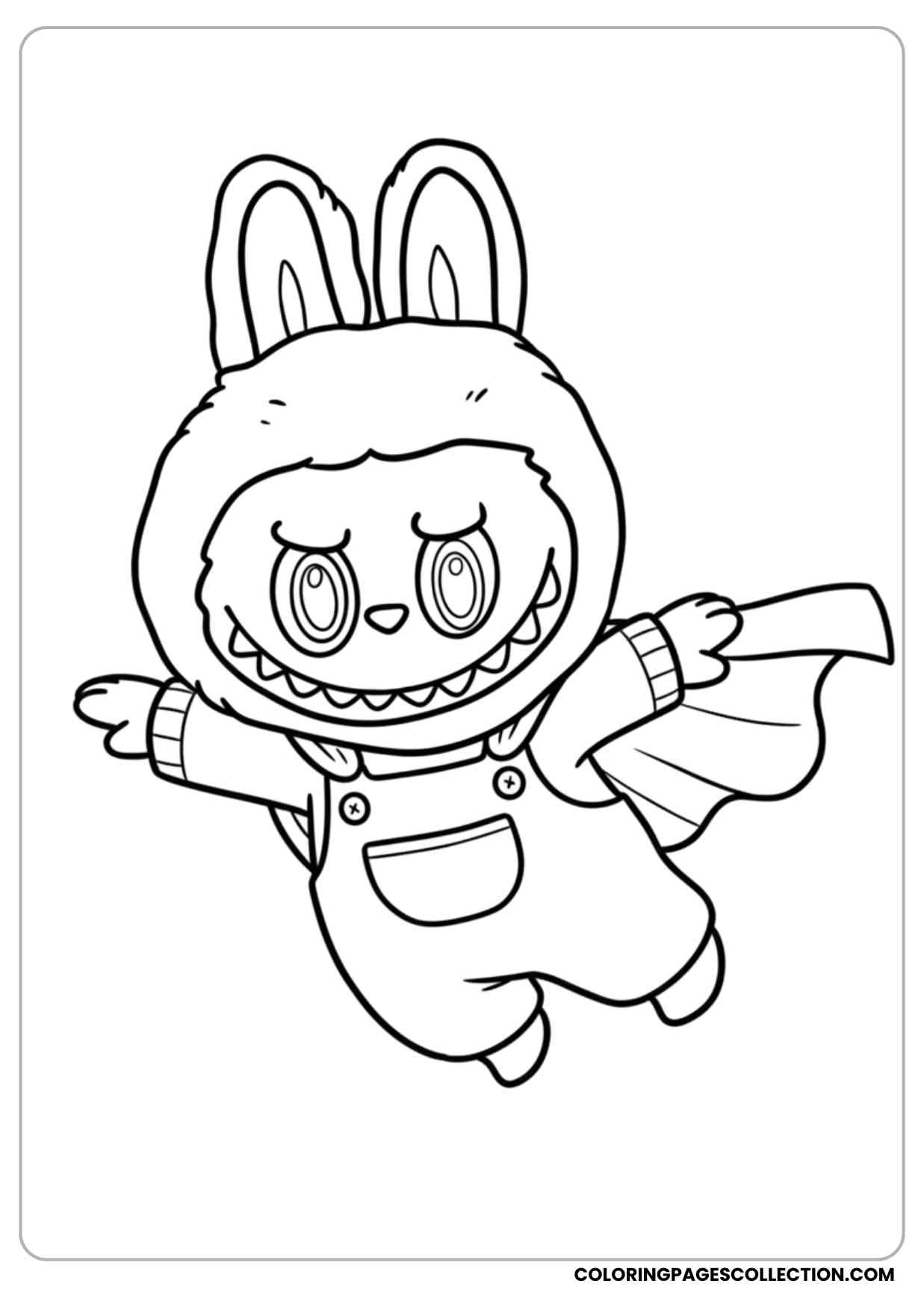 labubu wearing a superhero cape flying in the sky coloring page