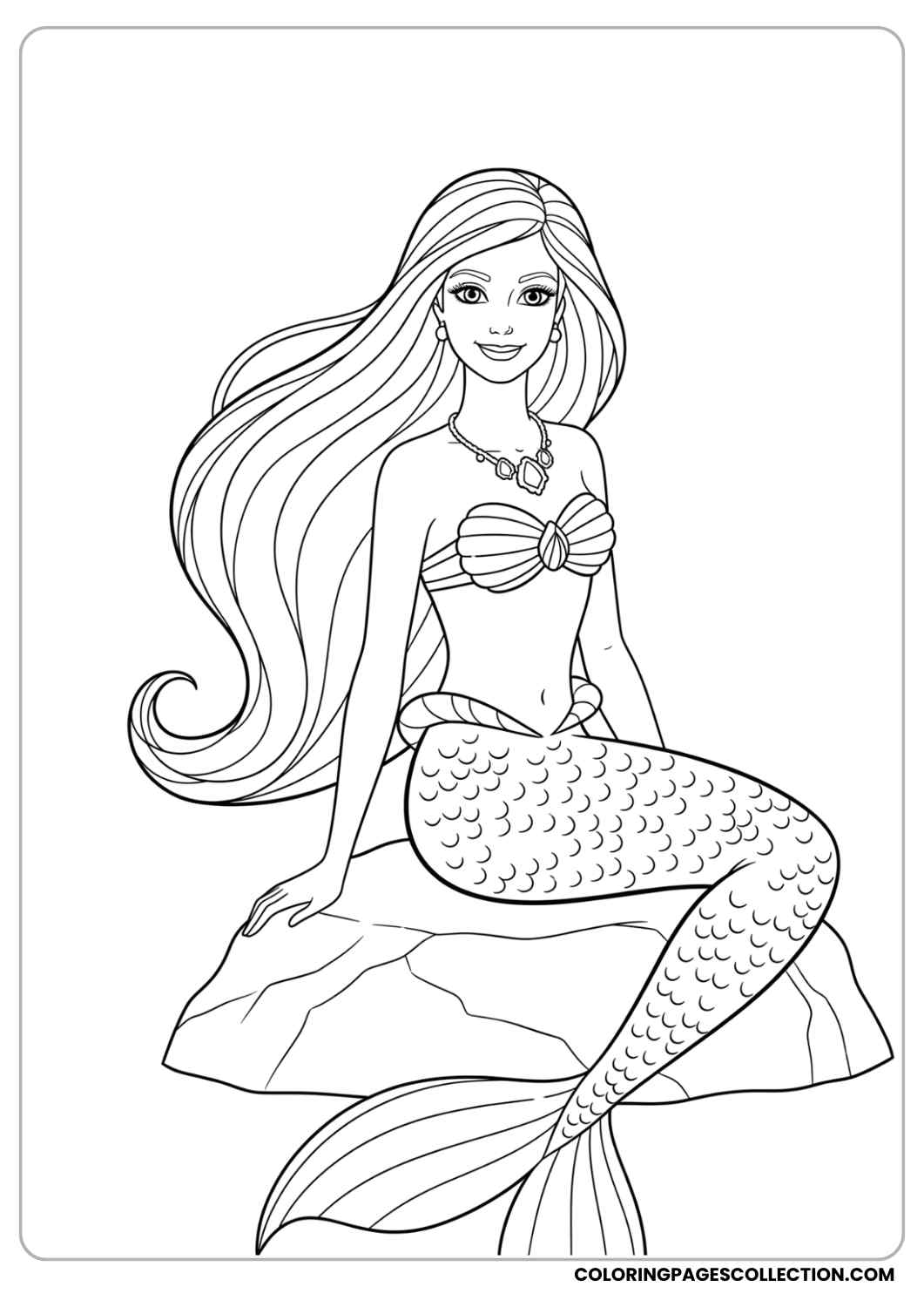 Barbie dressed as a mermaid with long flowing hair, sitting on a rock