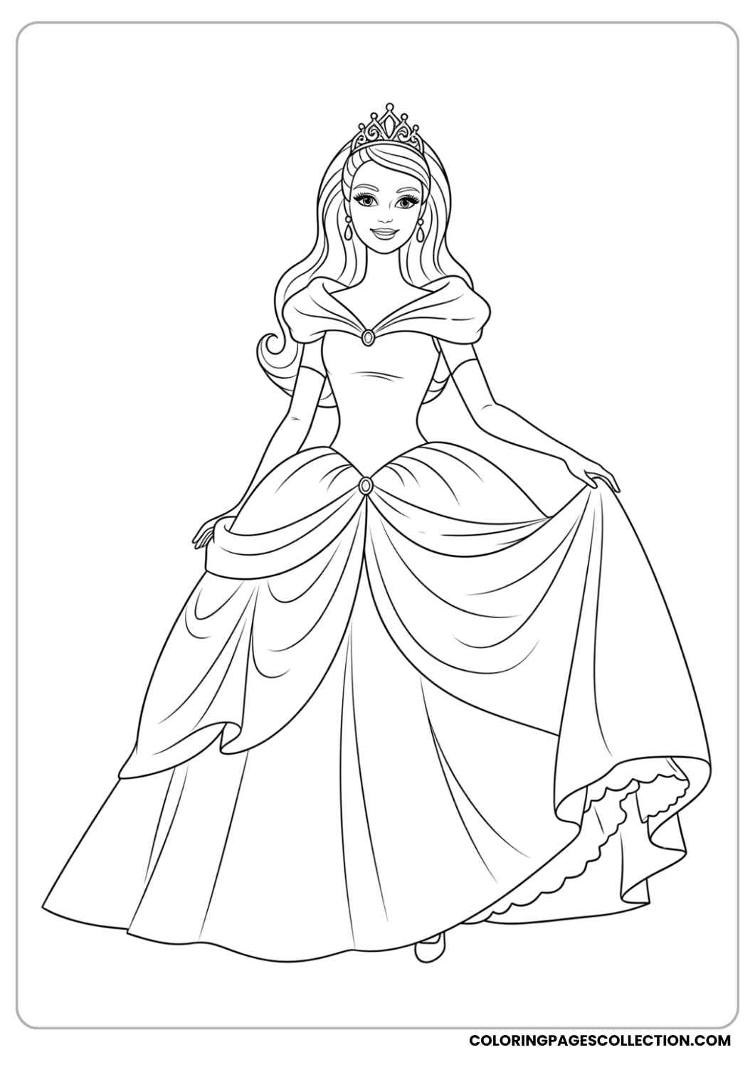 Barbie dressed as a princess with a crown and ball gown, holding her dress gracefully while smiling