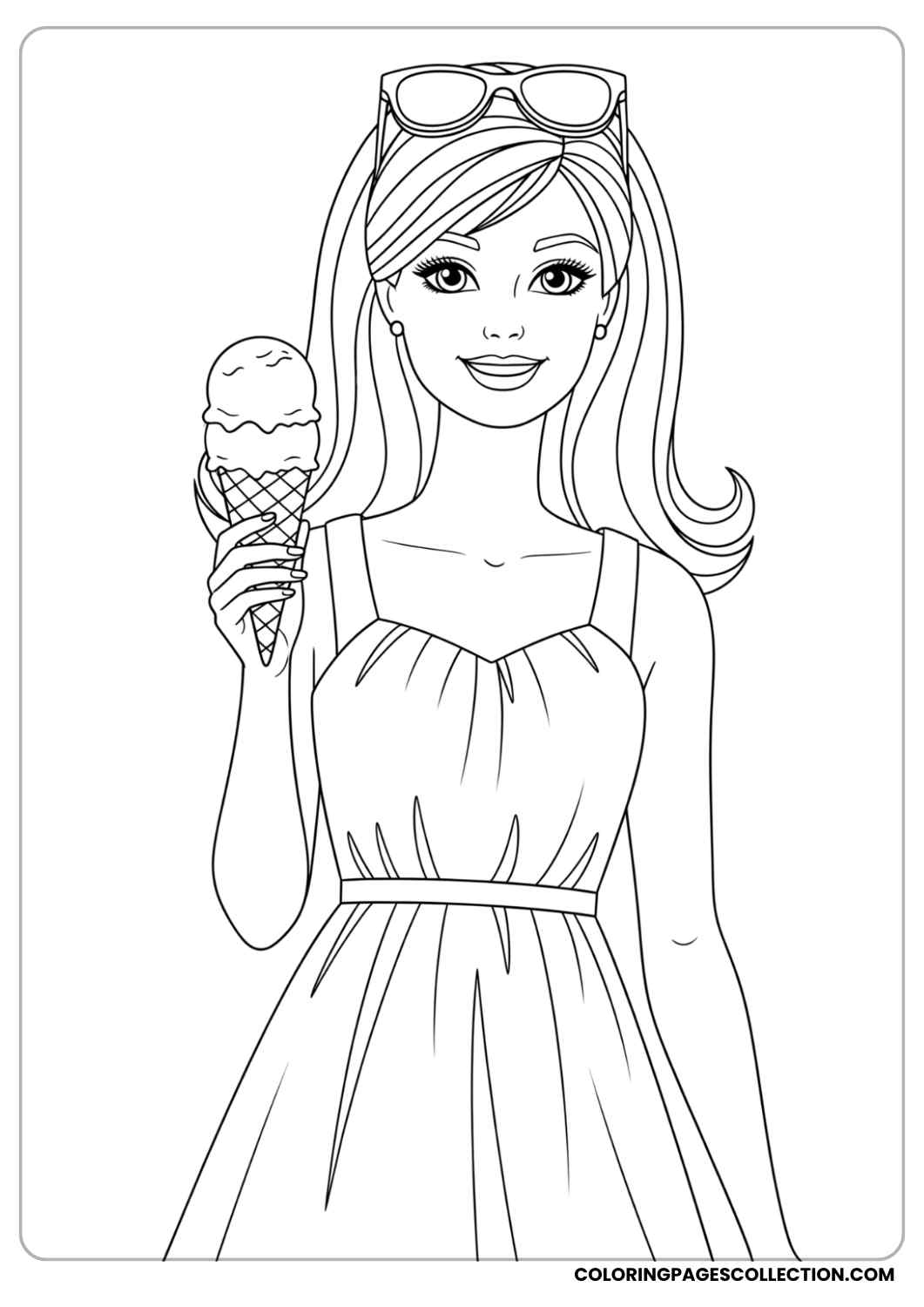 Barbie in a summer dress with sunglasses on her head, holding an ice cream cone, standing cheerfully
