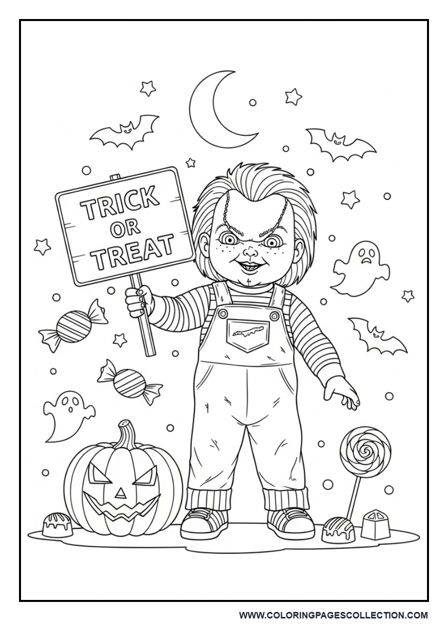 Chucky Holding “Trick or Treat” Sign