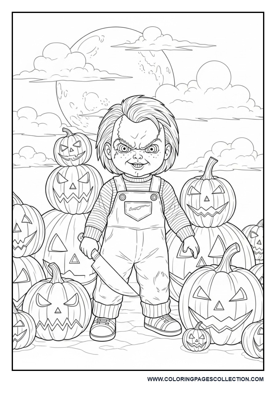 Chucky Surrounded by Pumpkins