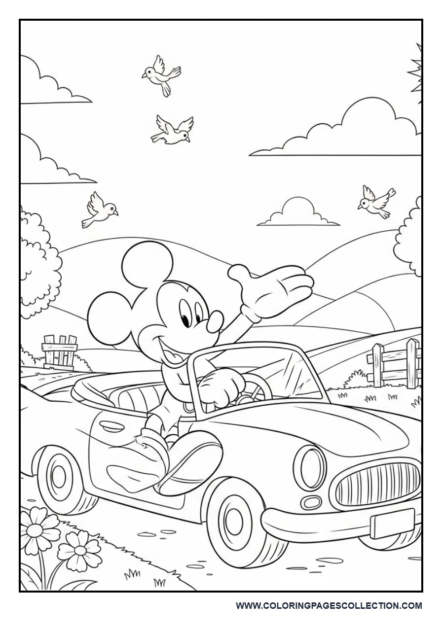 Mickey Mouse Driving a Classic Red Car