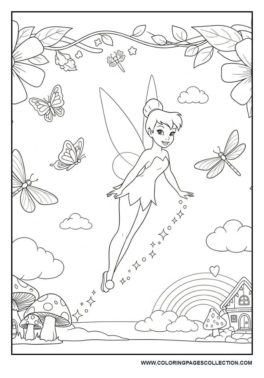 Tinker Bell Flying Through a Fairy Garden