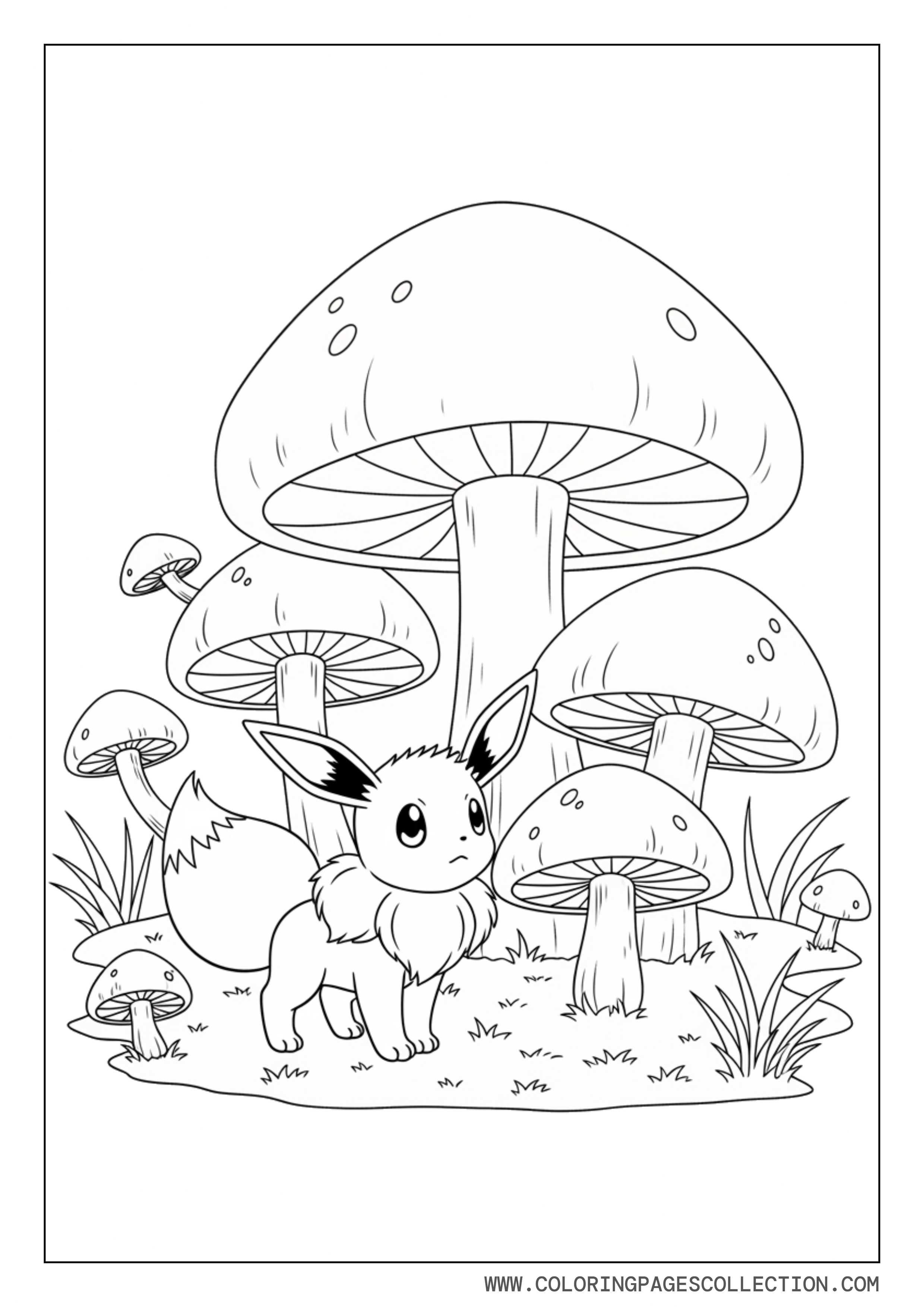 Eevee in Mushroom Forest Coloring Page