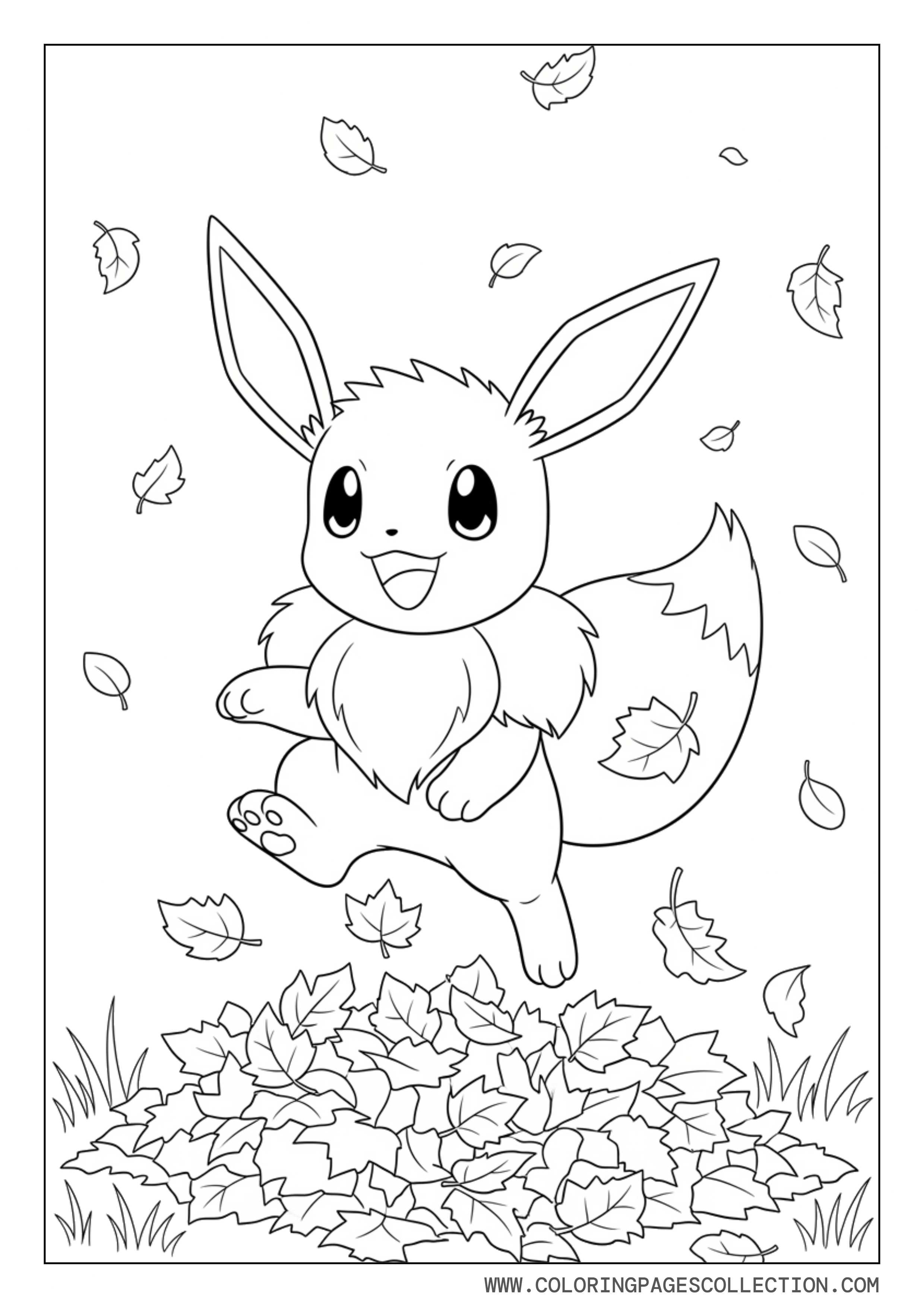 Eevee Playing in Leaves Coloring Page