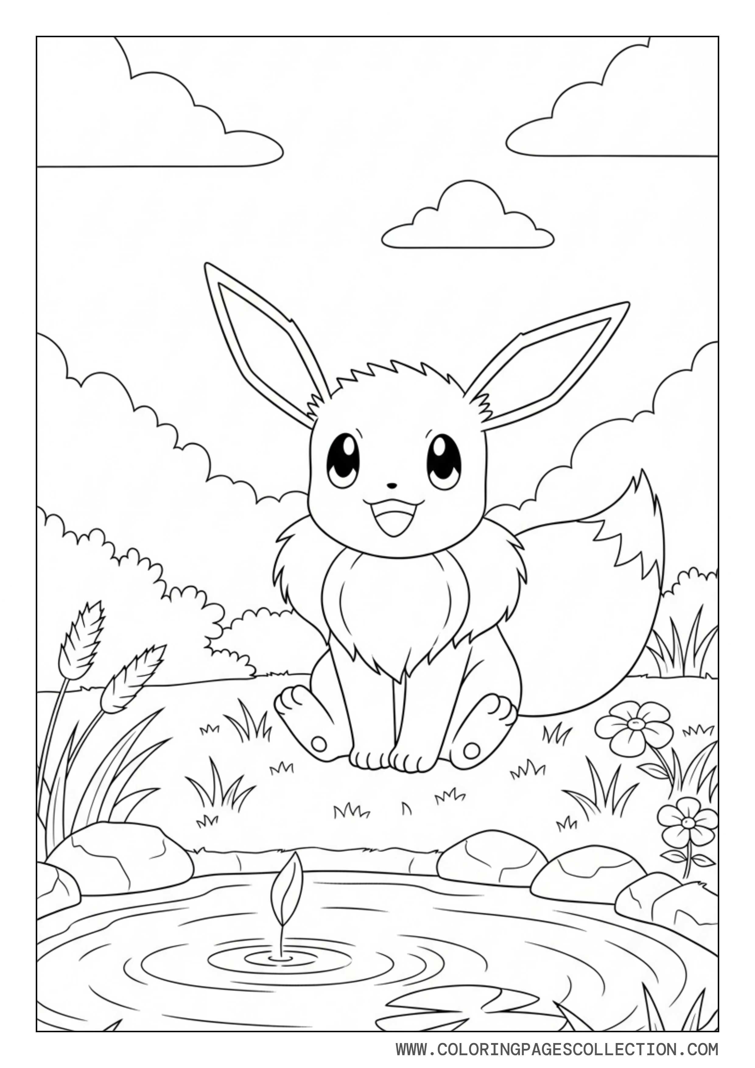 Eevee Relaxing Near Pond Coloring Page