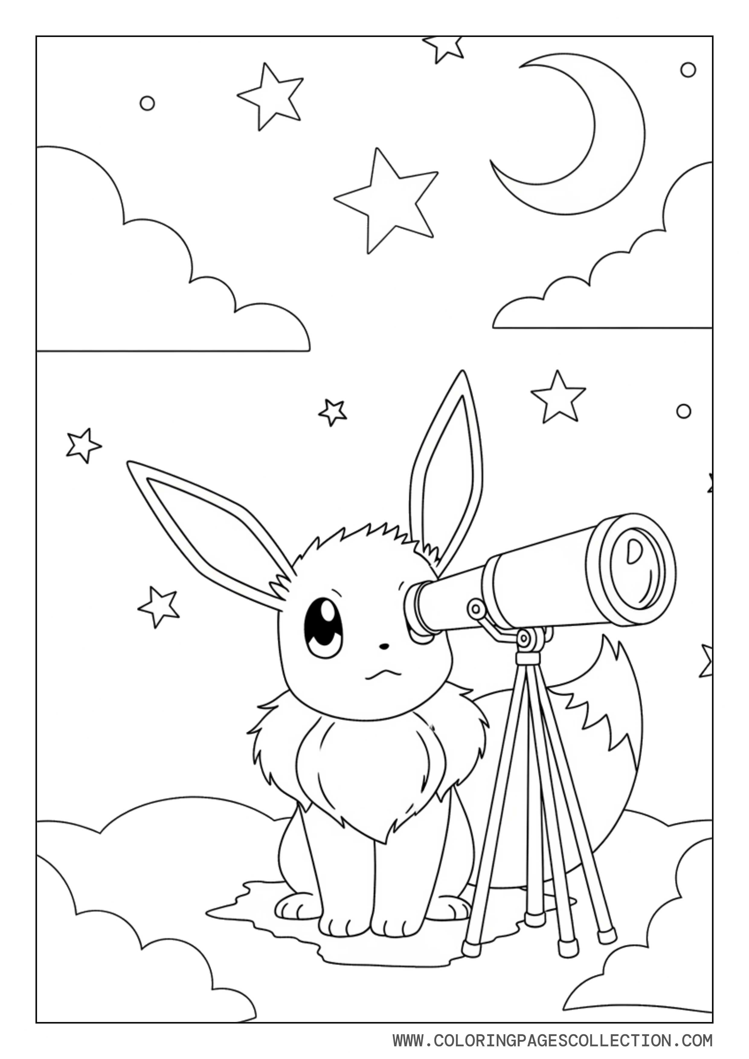 Eevee Stargazing With Telescope Coloring Page