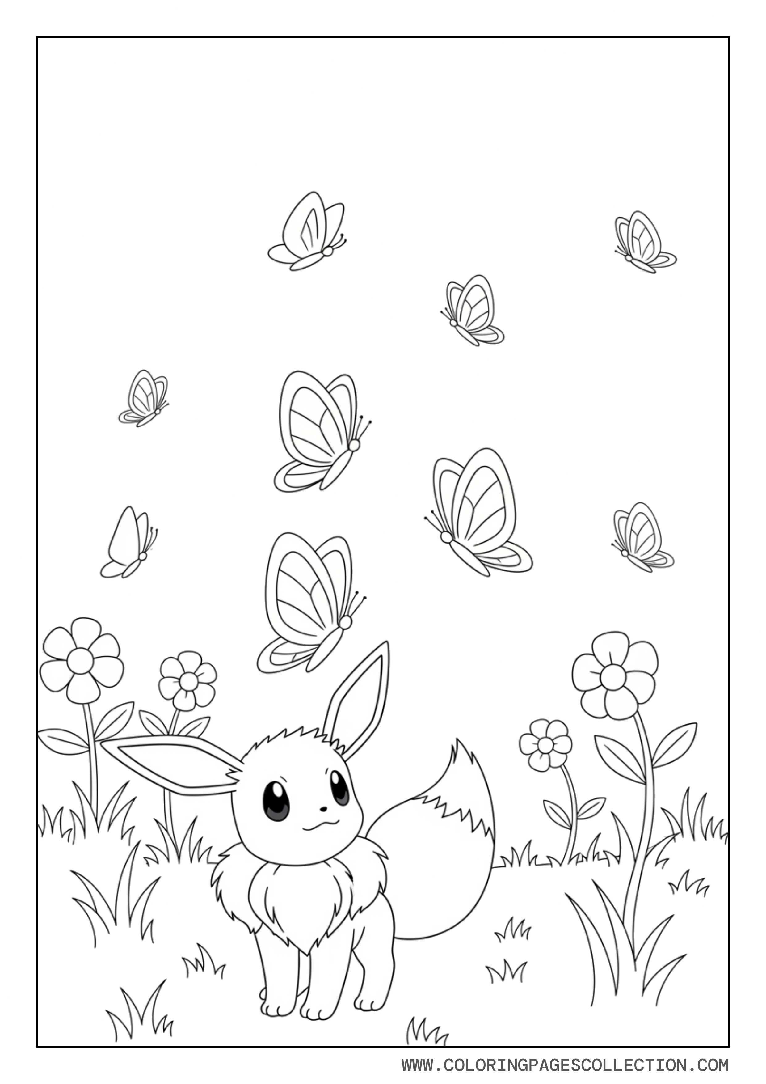 Eevee With Butterflies Garden Coloring Page