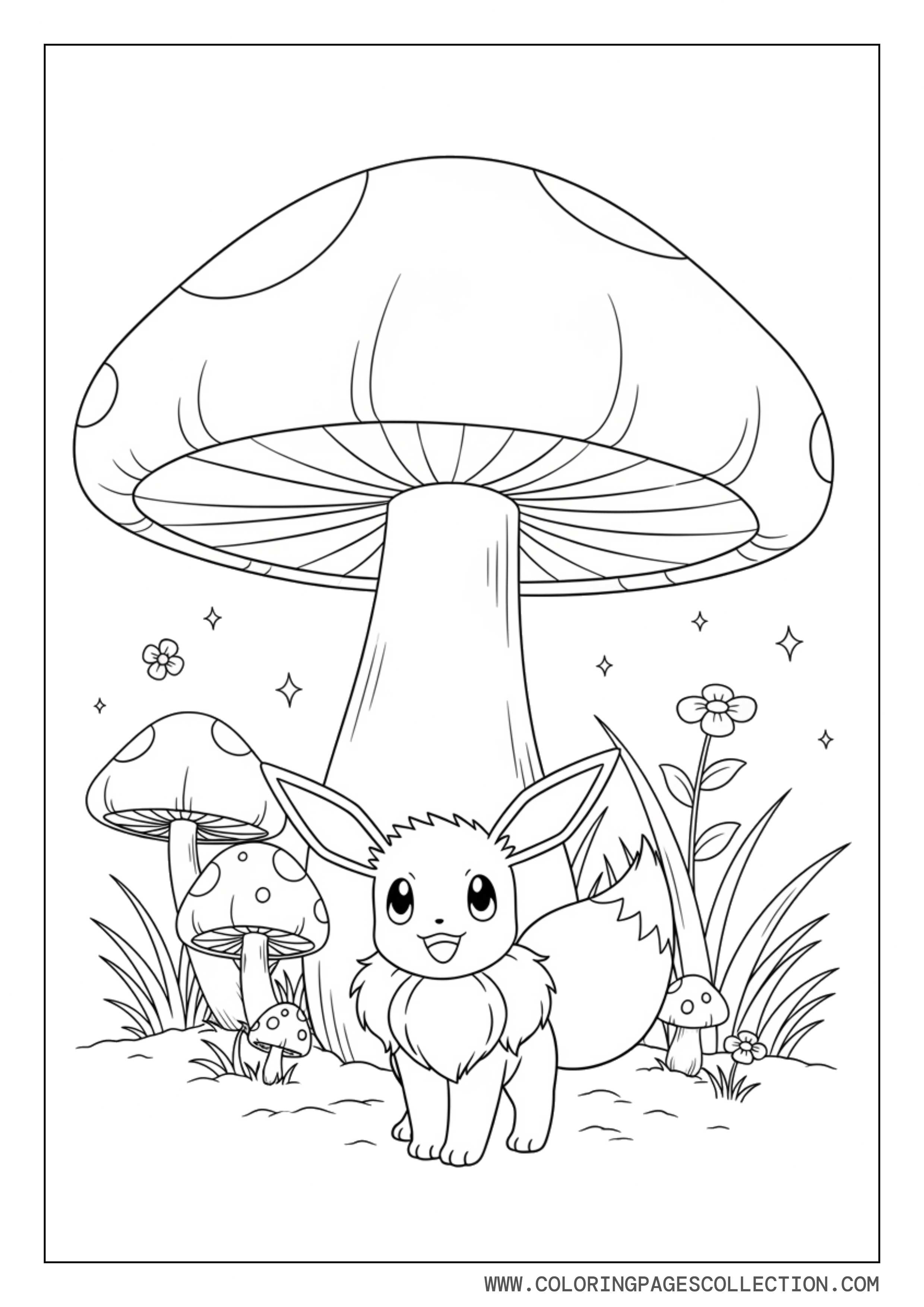 Eevee With Giant Mushroom Coloring Page