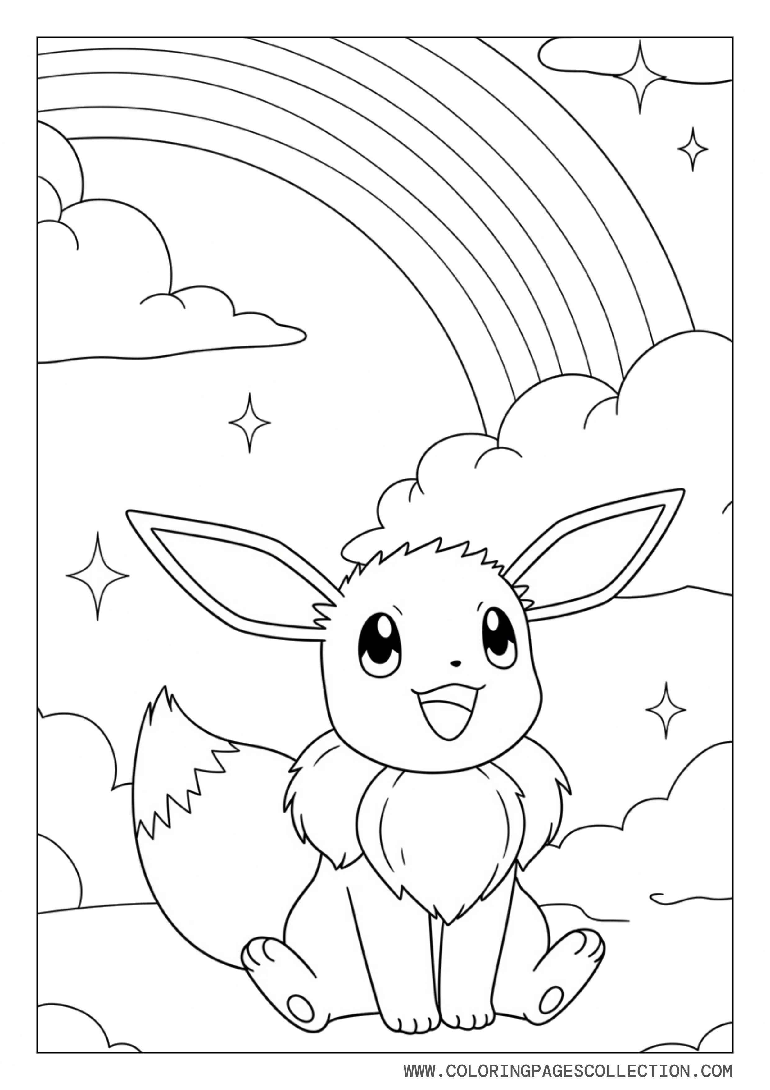 Eevee With Rainbow and Clouds Coloring Page