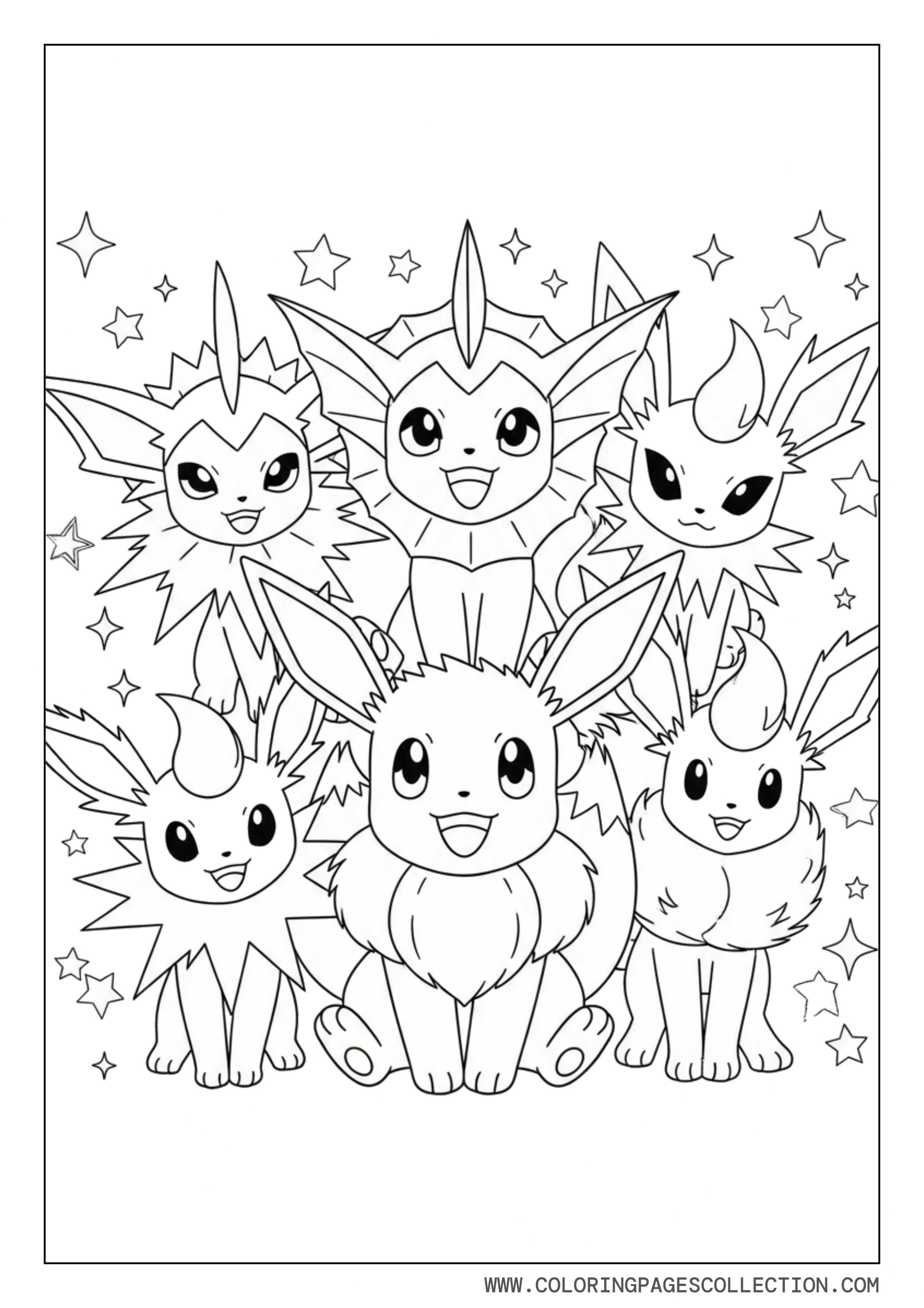 Eevee With Three Evolutions Coloring Page