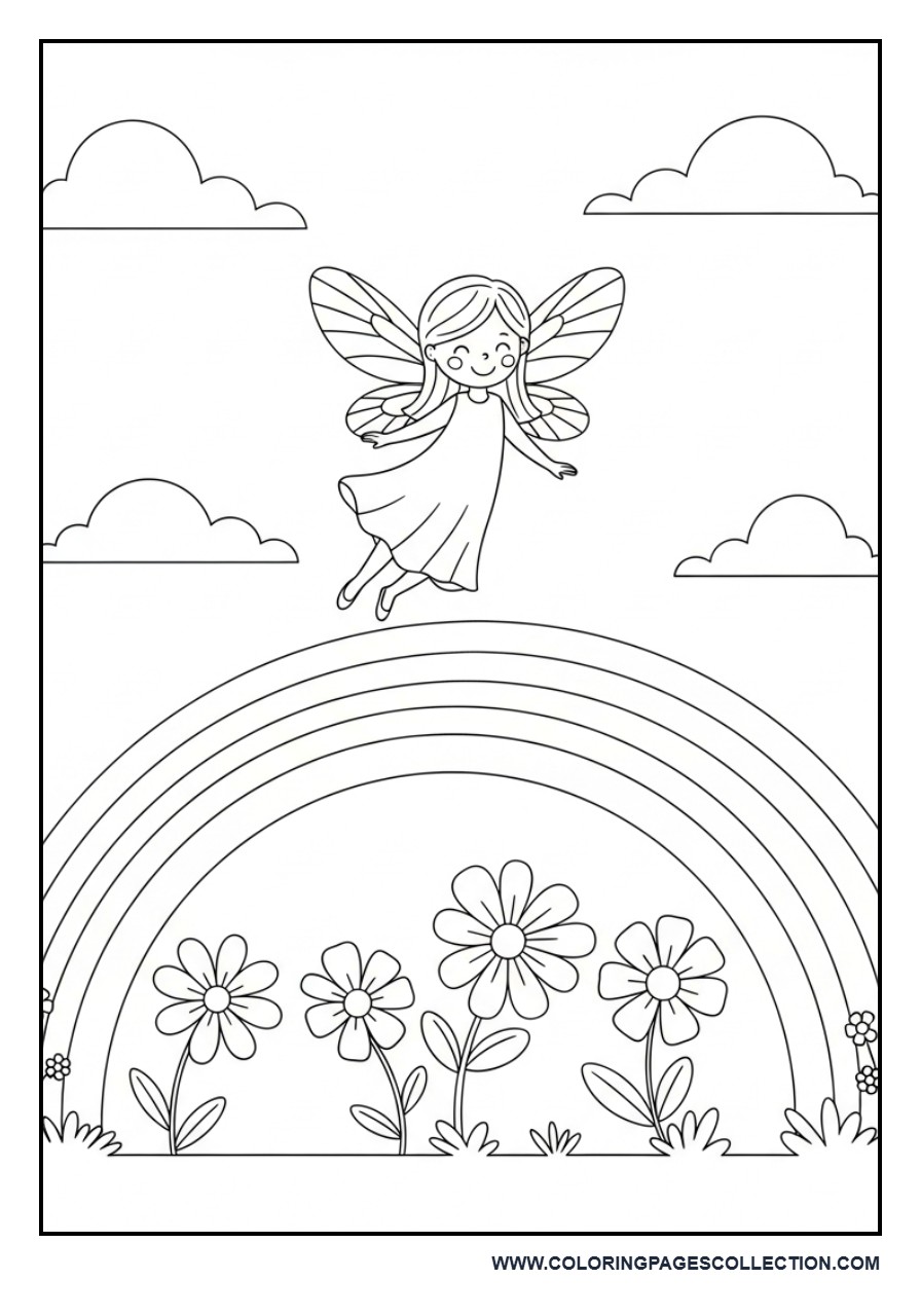 Fairy Flying Over Rainbow Garden