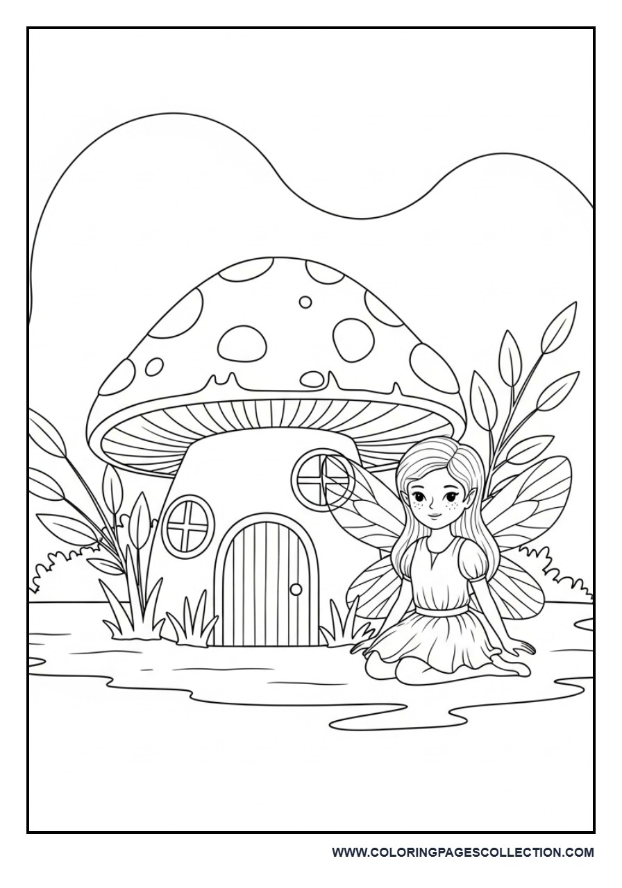 Fairy Sitting on Big Mushroom House