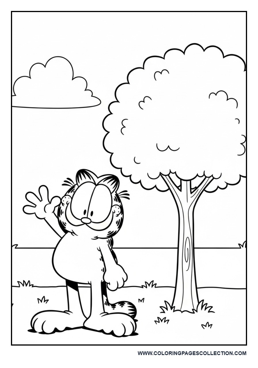 Garfield Waving Near a Tree