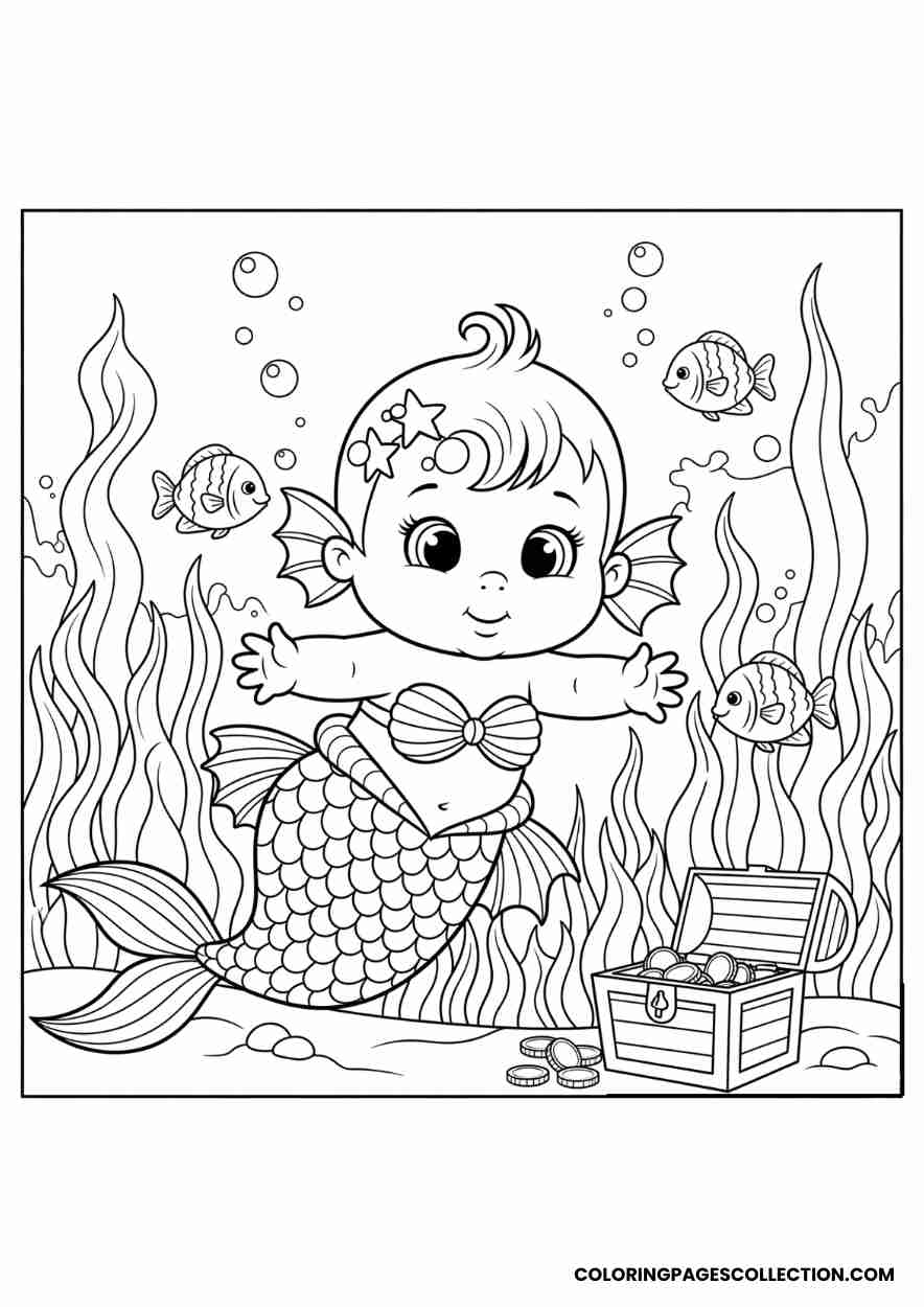 Baby Mermaid with Fish and Treasure