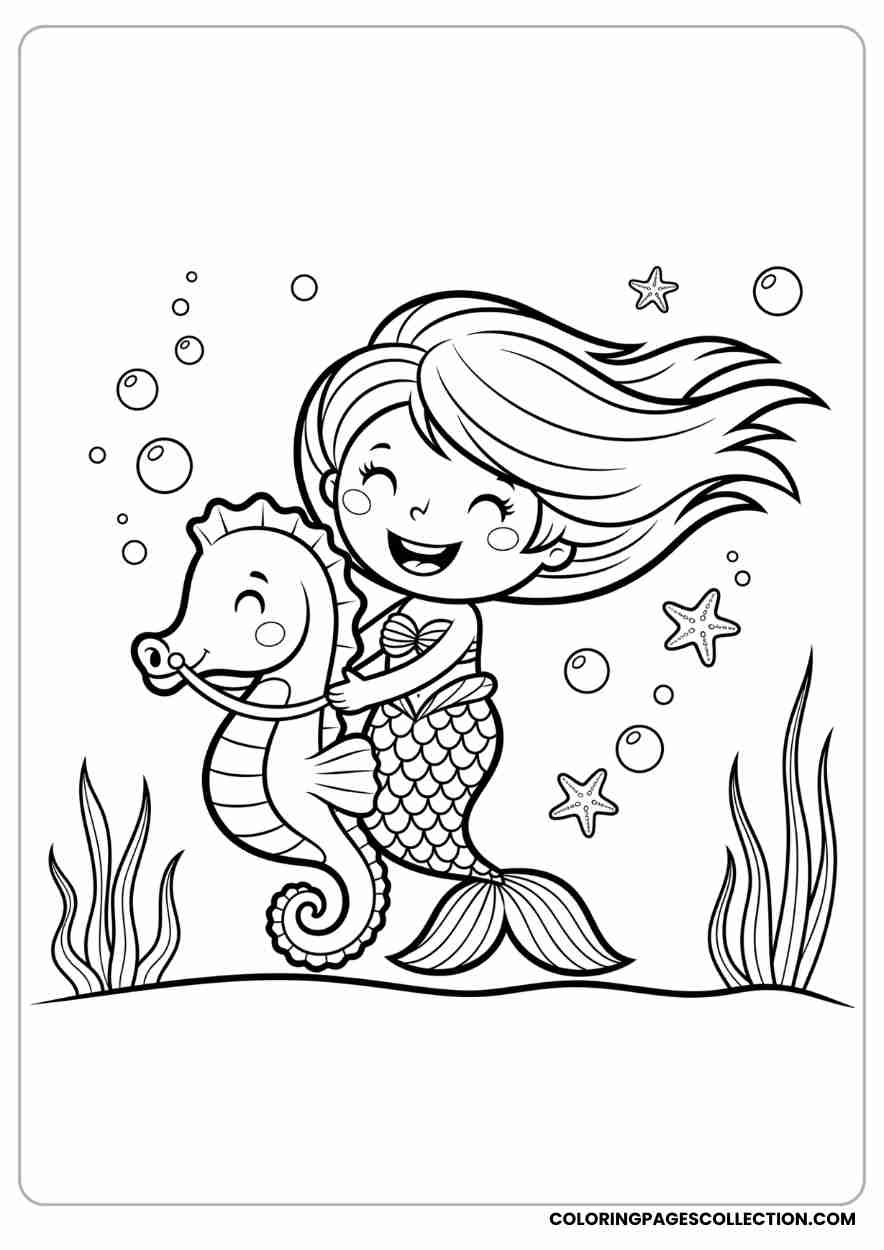 Cute Mermaid Riding a Seahorse