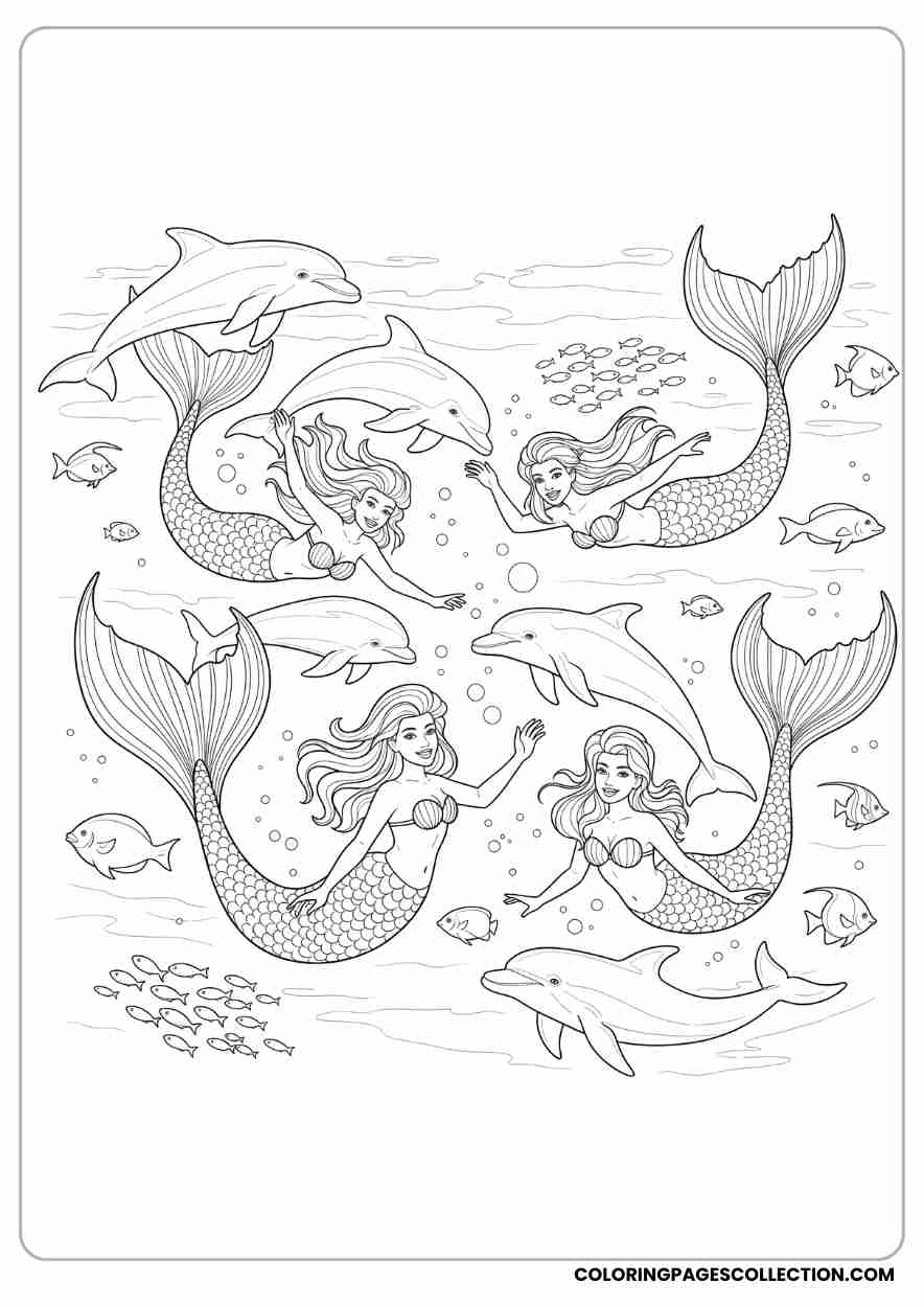 Group of Mermaids with Dolphins