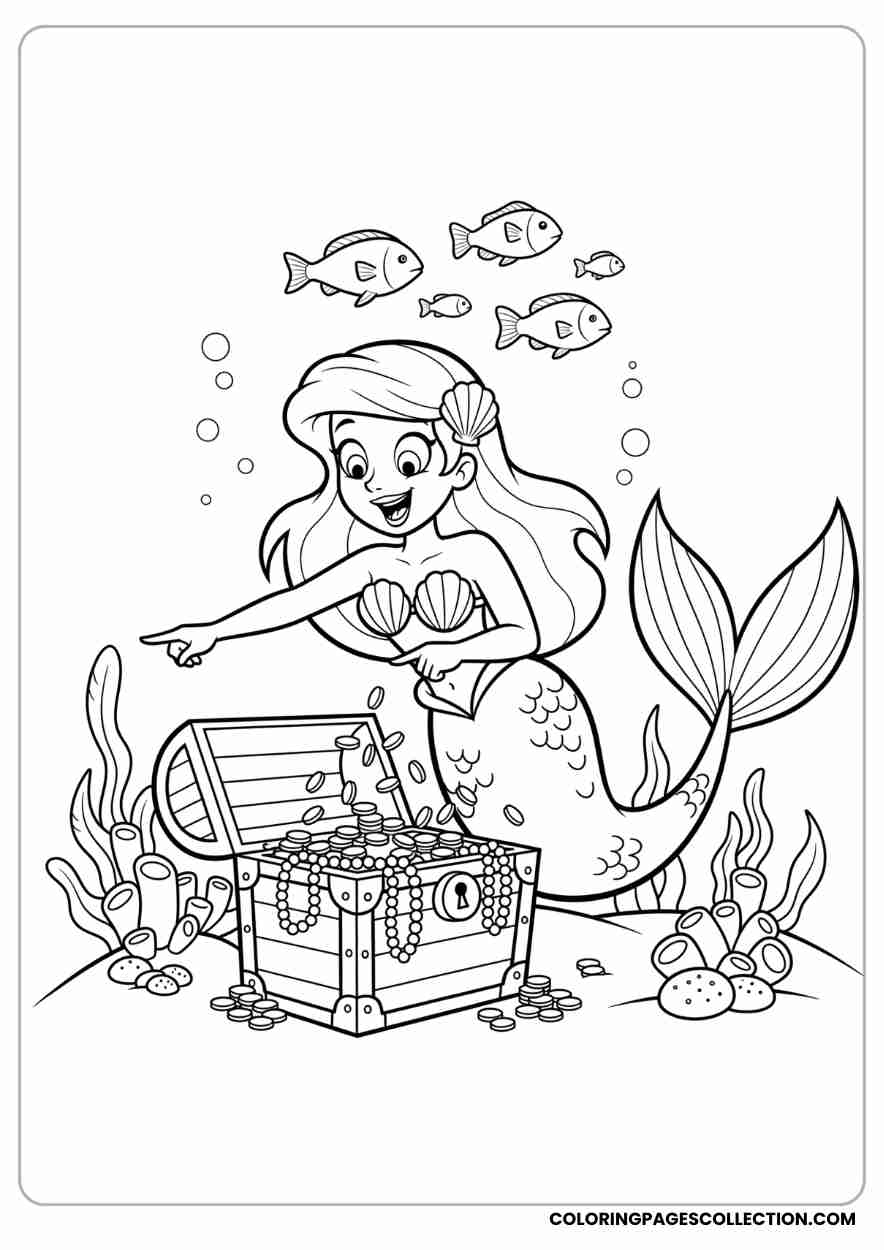Cartoon Mermaid Finds Treasure