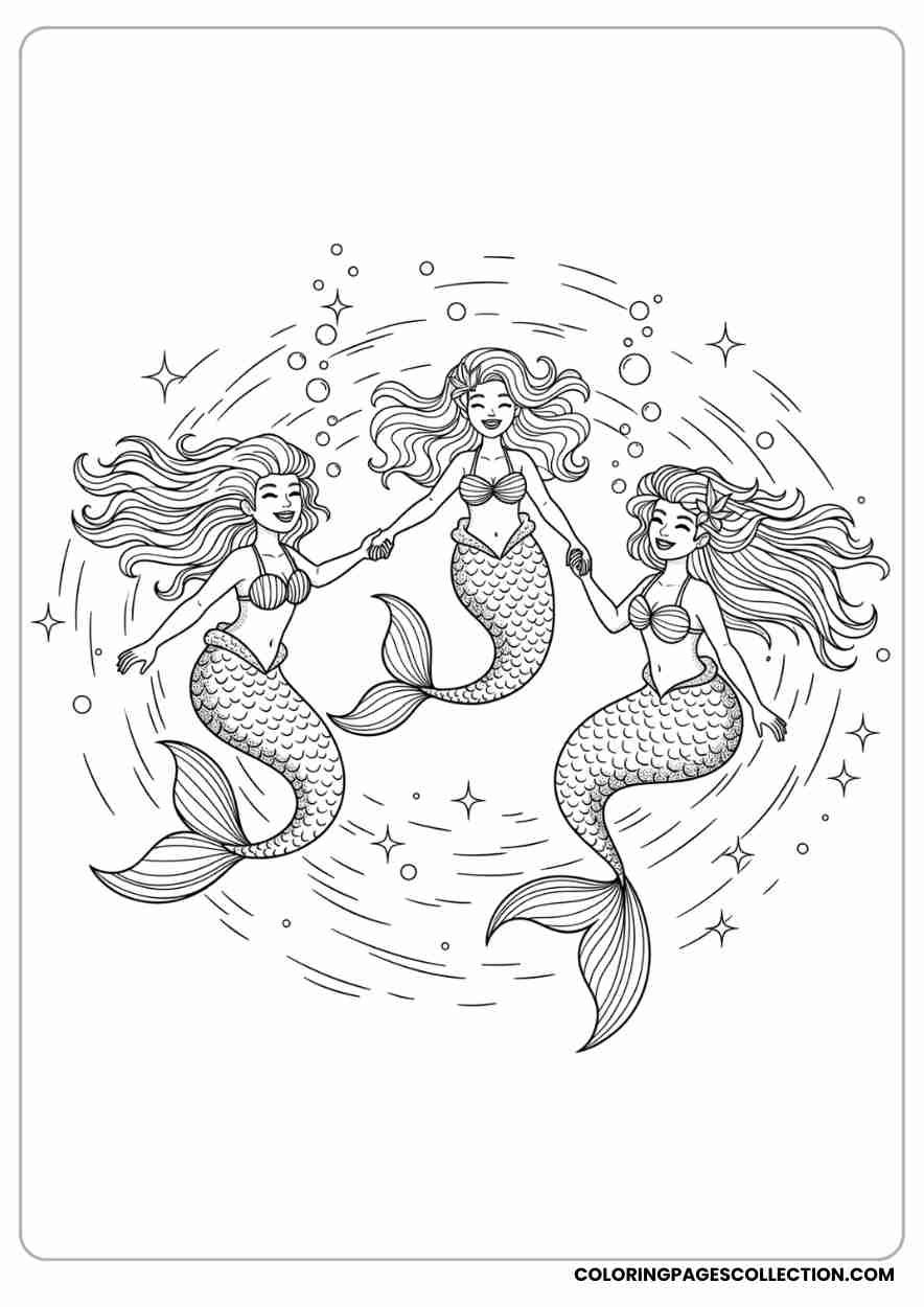 Three Mermaid Friends Twirling