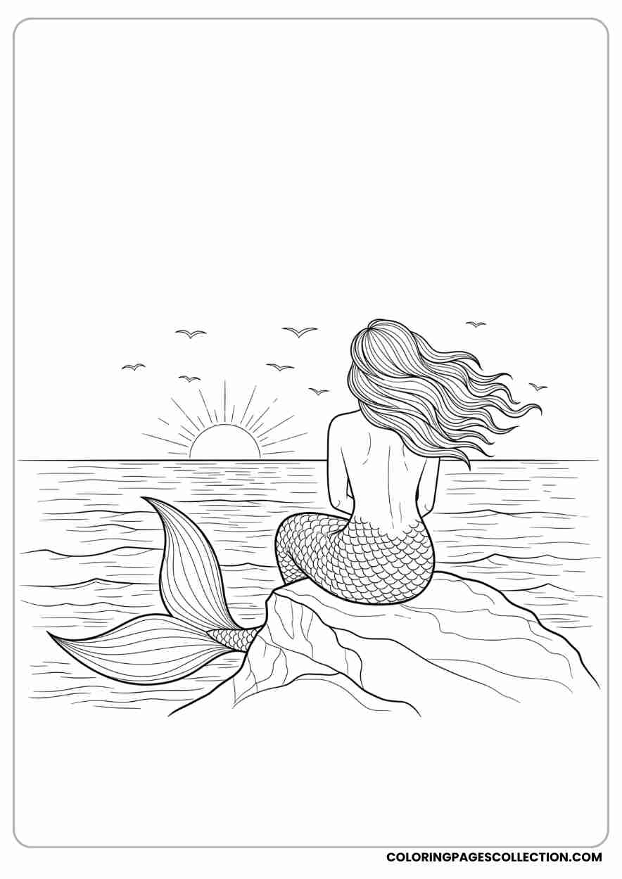 Mermaid on Cliff at Sunset