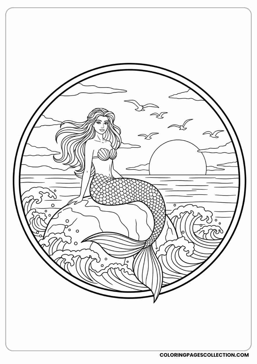 Mermaid on Rock with Sunset Waves