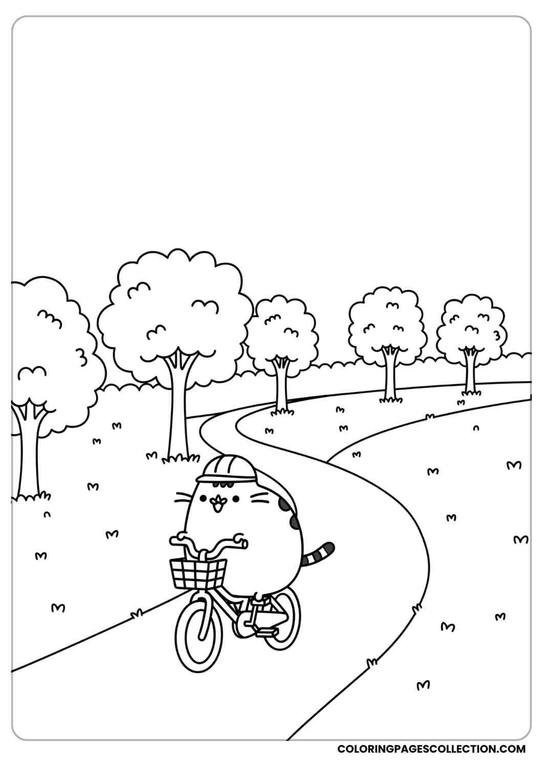 Pusheen riding a bicycle with a basket along a path with trees coloring page