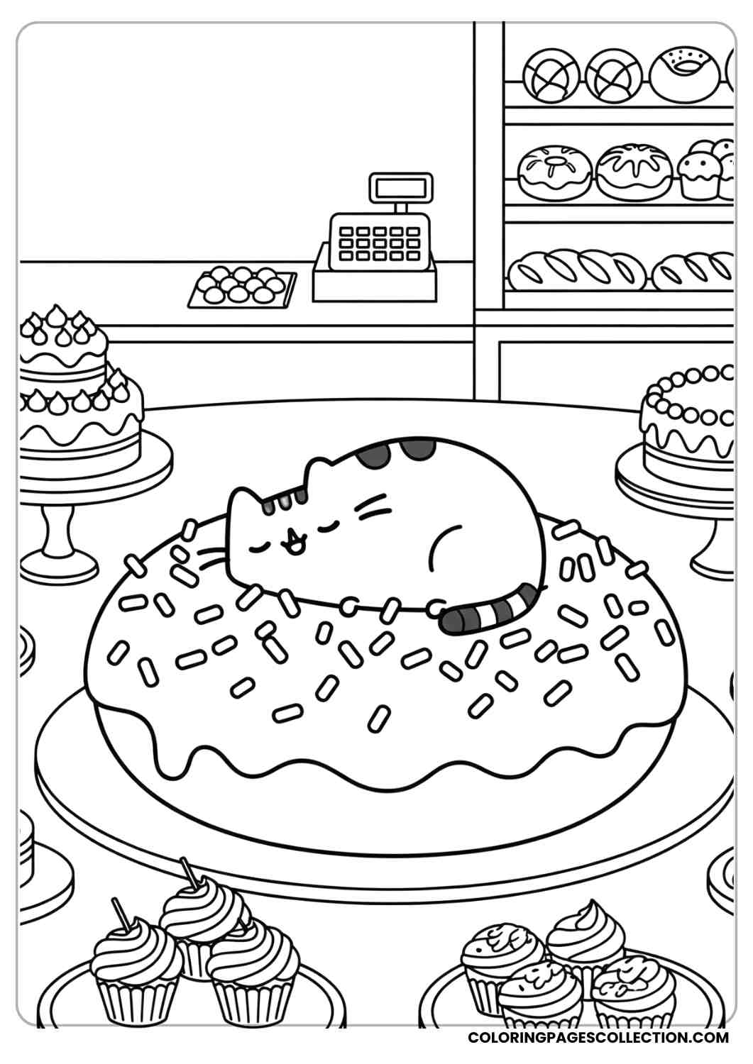 Pusheen sleeping on a giant donut with sprinkles inside a bakery scene coloring page