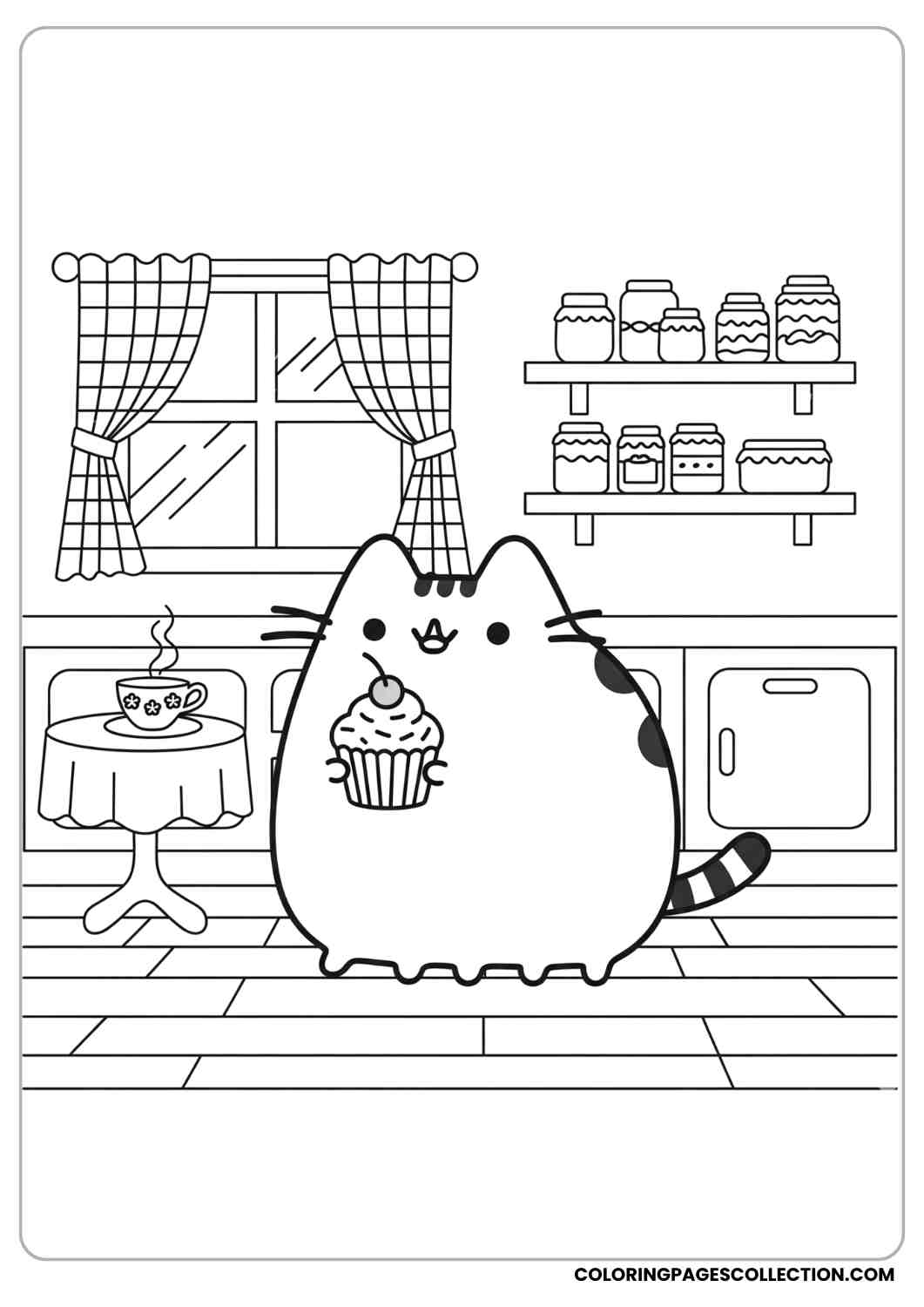 Pusheen holding a cupcake with a cherry on top inside a decorated kitchen coloring page