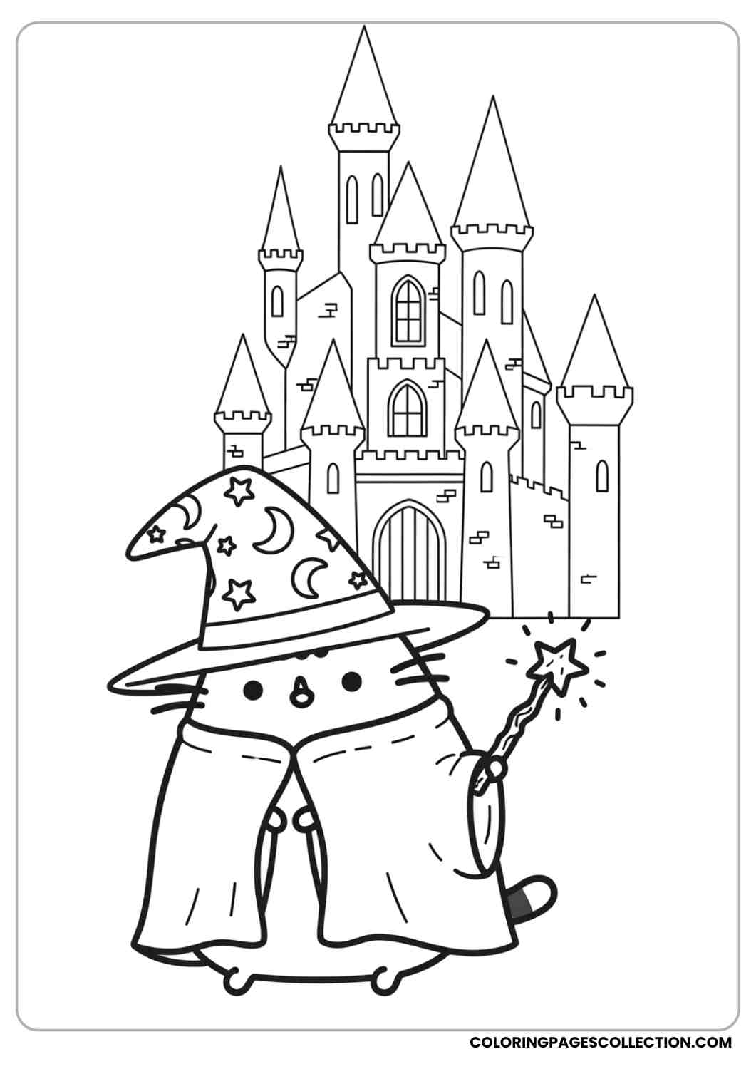 Pusheen dressed as a wizard with a magic hat in front of a castle coloring page