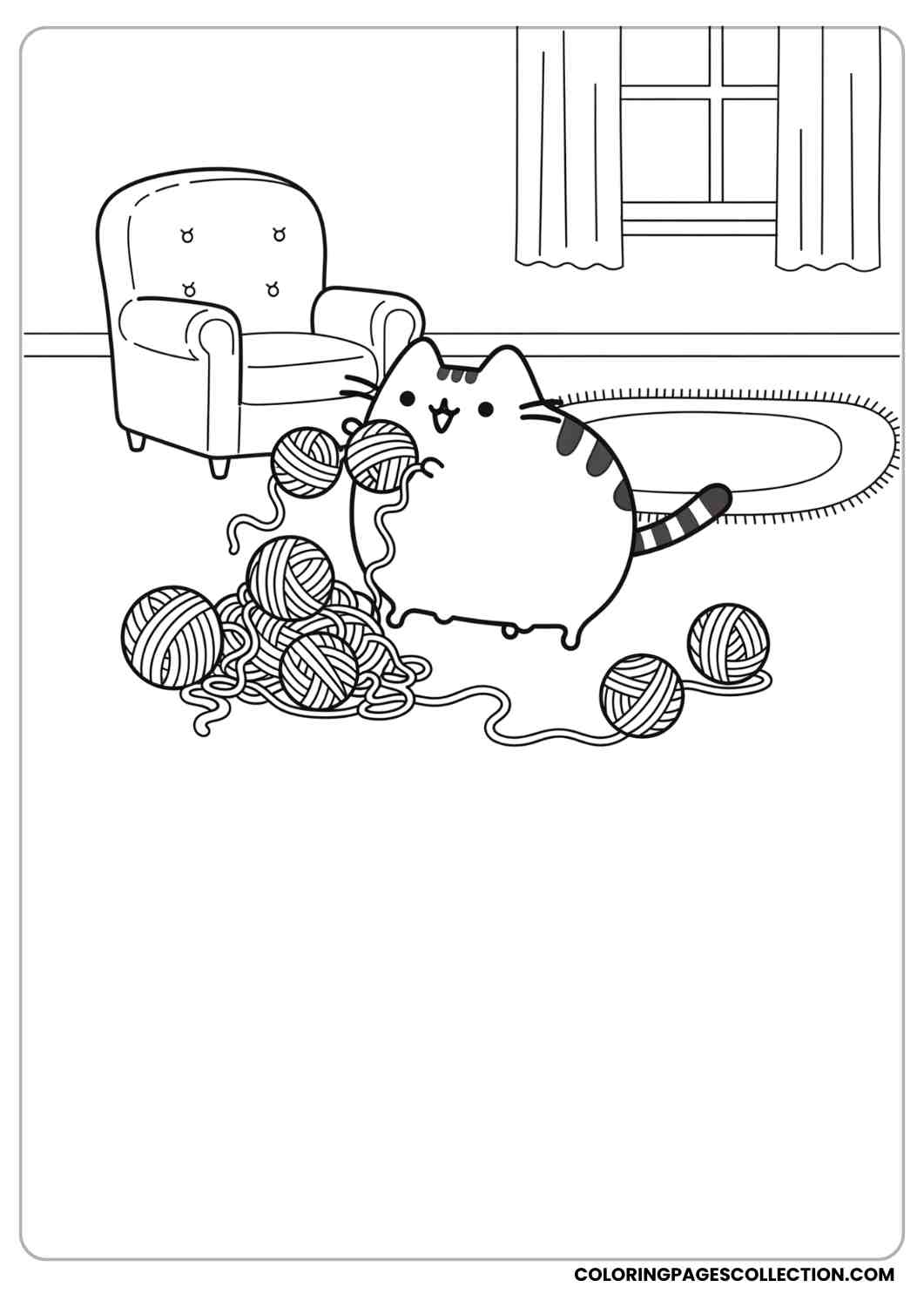 Pusheen playing with yarn balls happily inside a cozy living room coloring page
