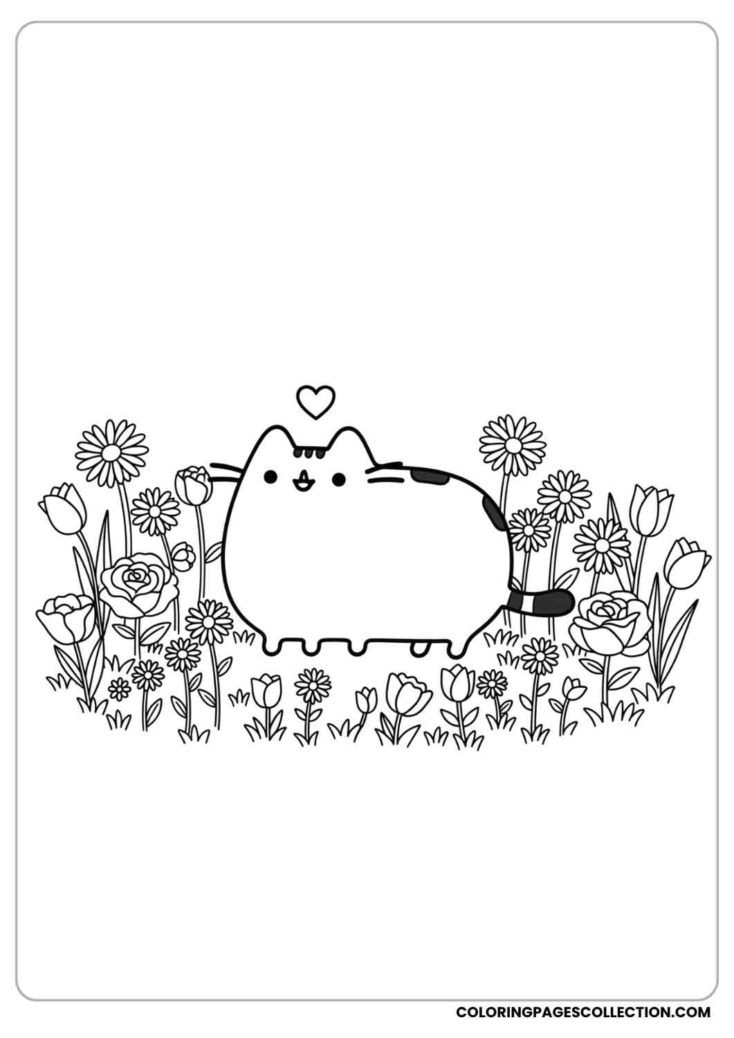 Pusheen standing with a little heart above her head in a garden full of flowers coloring page