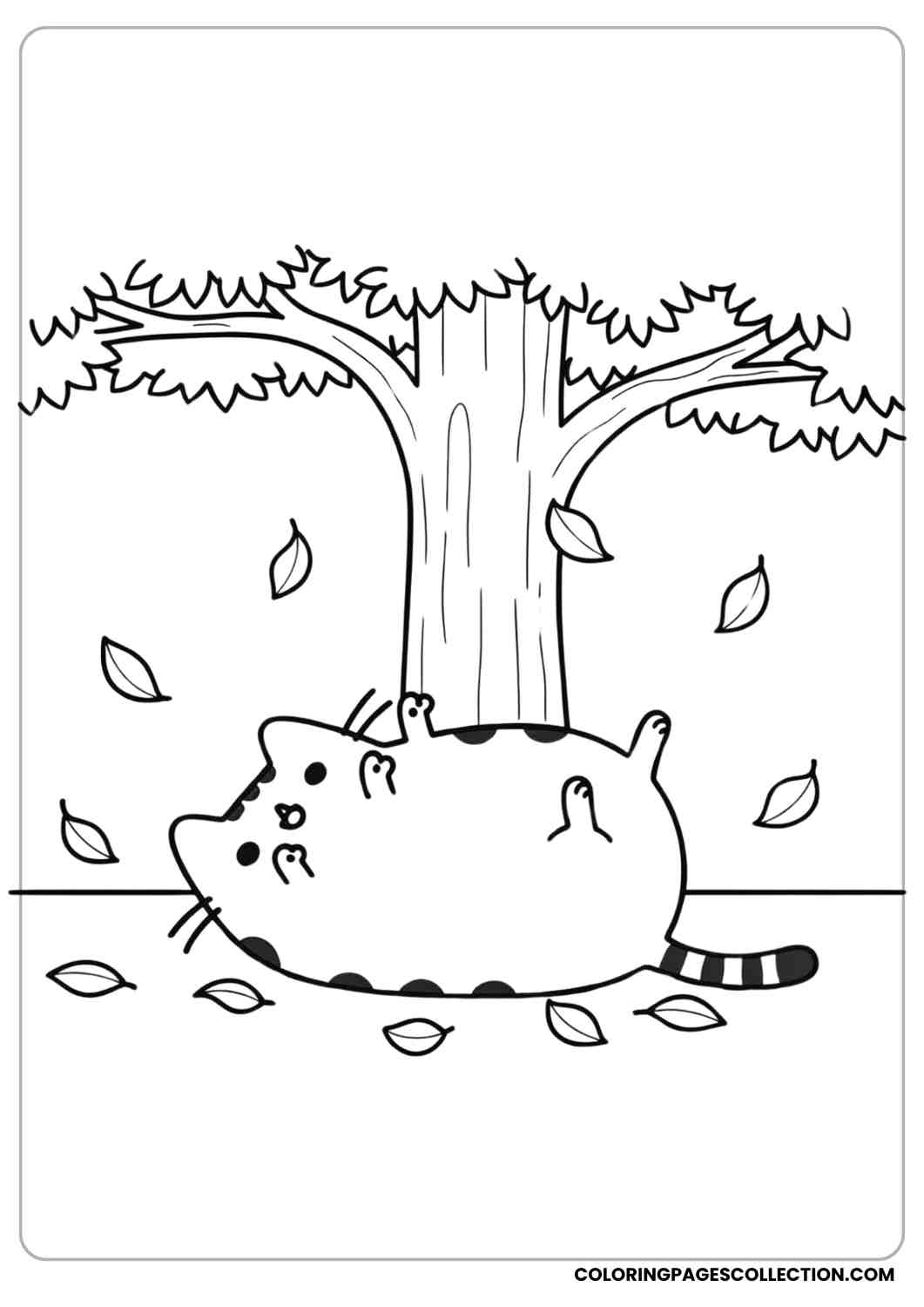 Pusheen lying on her back with paws up under a tree with falling leaves coloring page