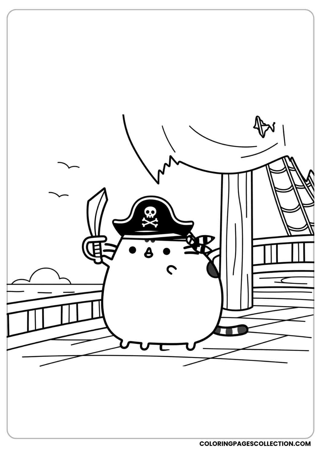 Pusheen dressed as a pirate with a tiny sword on a ship deck coloring page