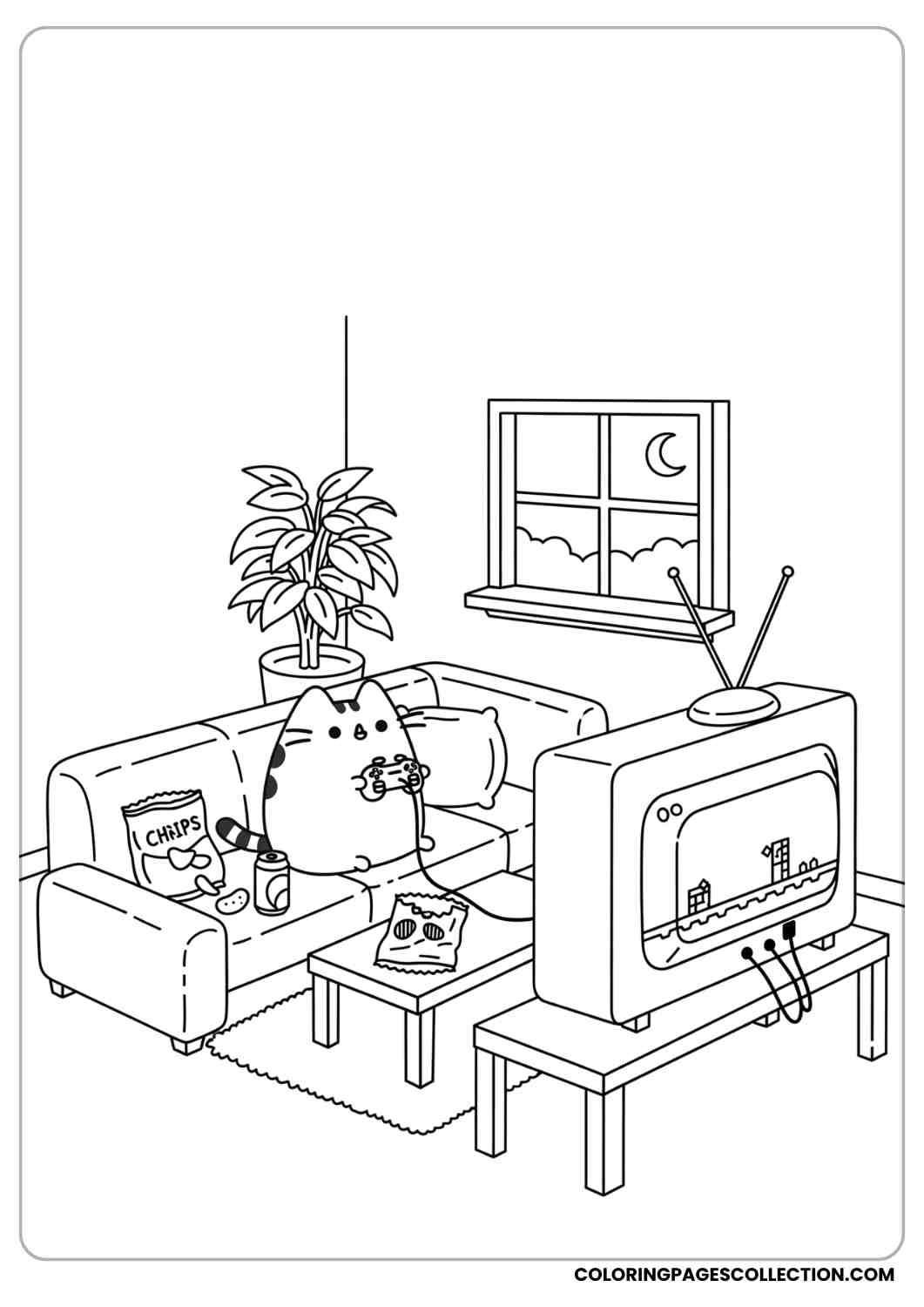 Pusheen playing video games with a controller in a cozy room with TV and sofa coloring page
